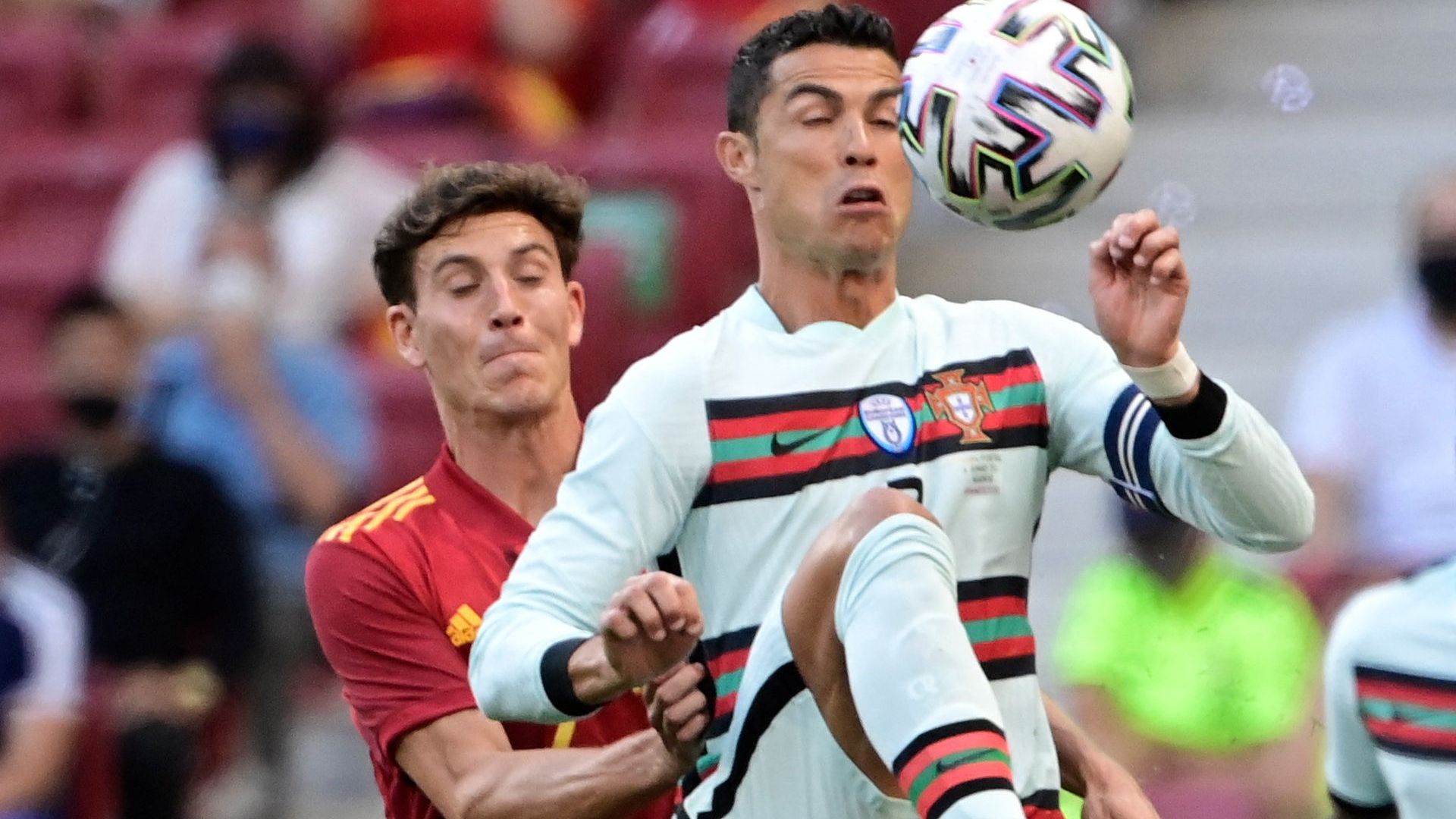 Pau Torres y Cristiano Ronaldo, Sarabia y Semedo, España vs. Portugal
