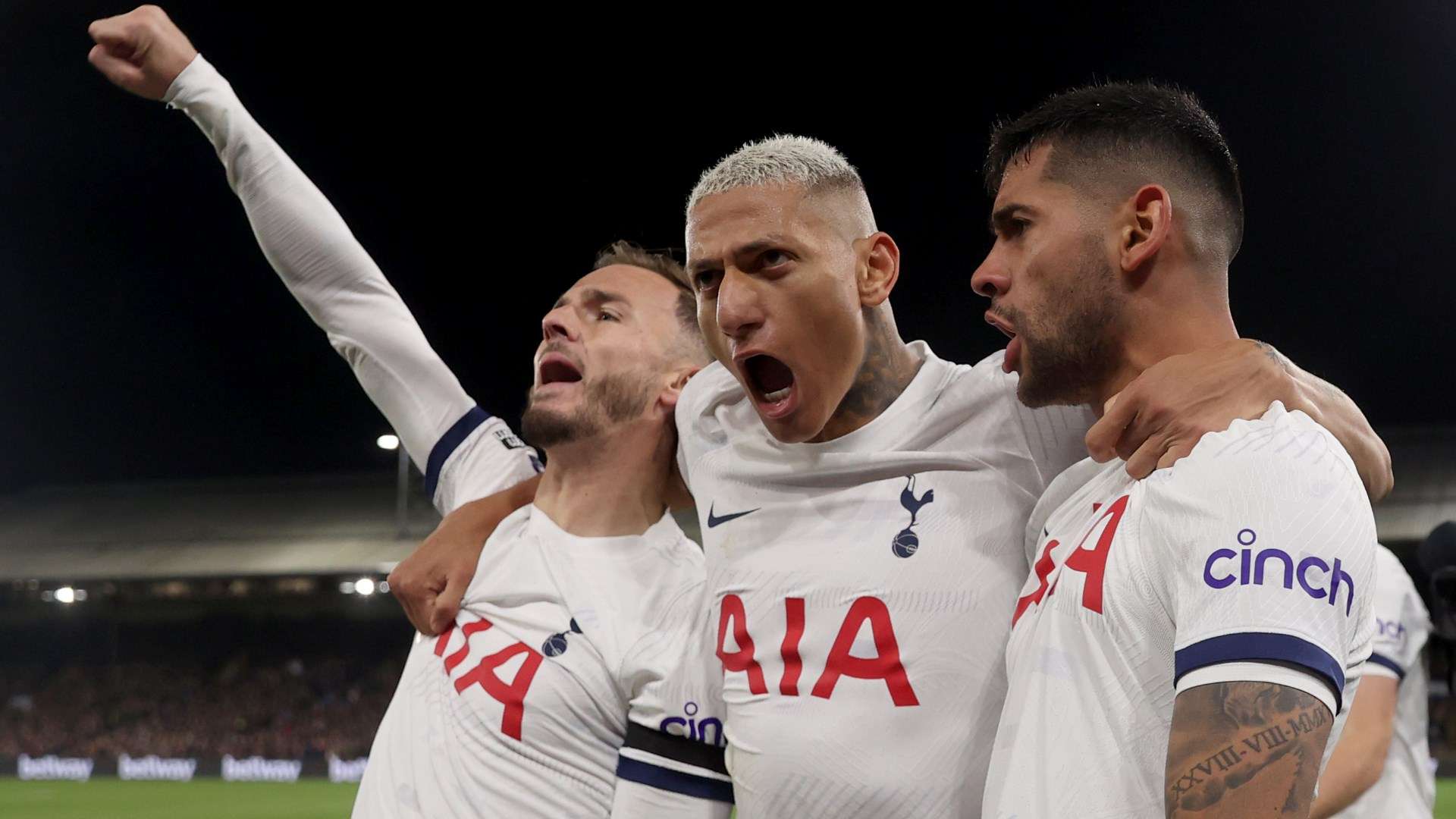 Richarlison celebrates Tottenham's opening goal against Crystal Palace.