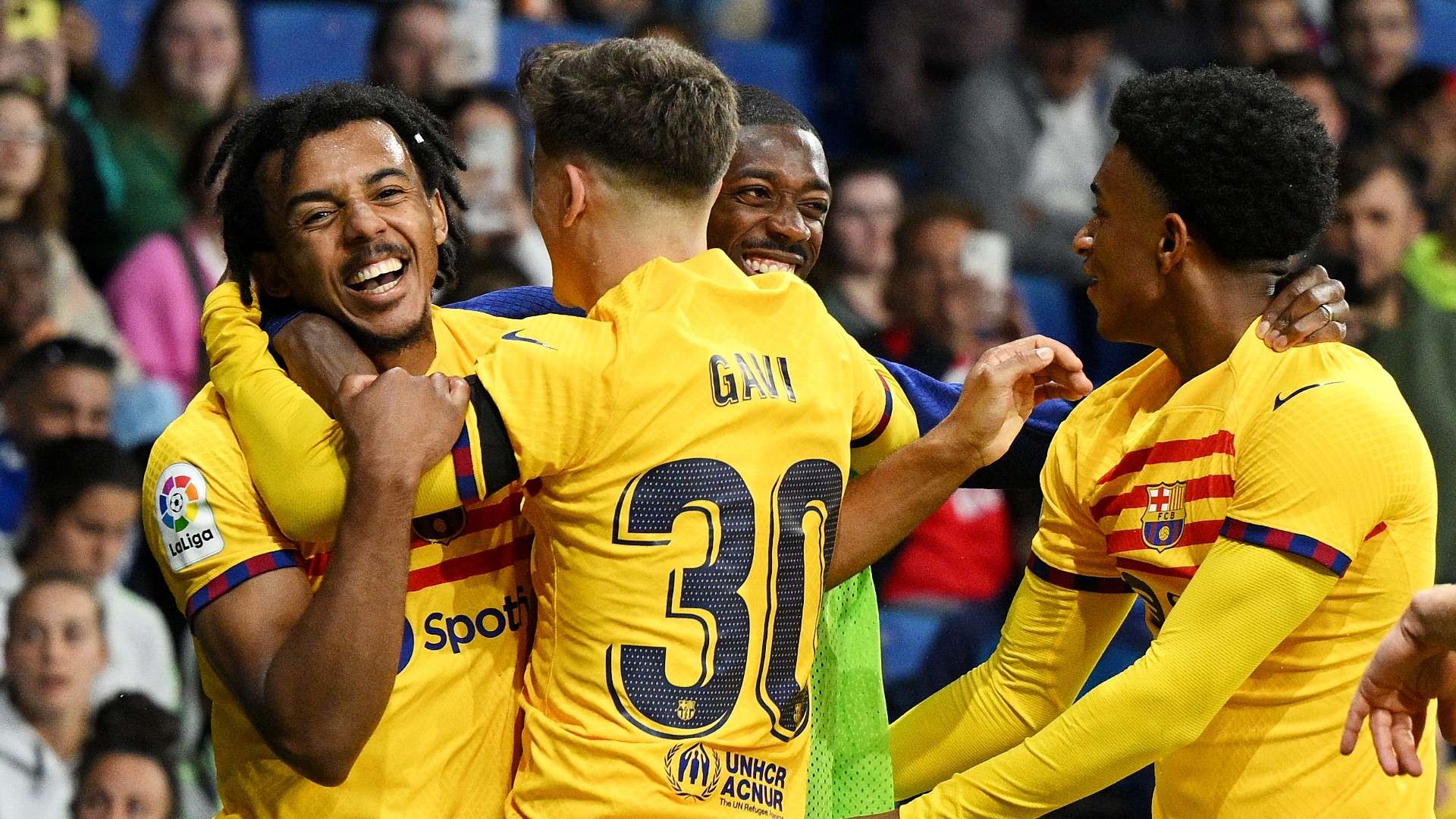 Jules Kounde Barcelona Gavi celebrate vs Espanyol 2022-23