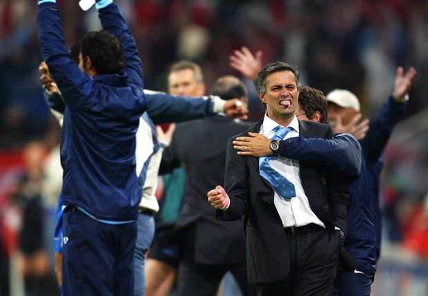 Jose Mourinho celebrating Champions League success with Porto in 2004
