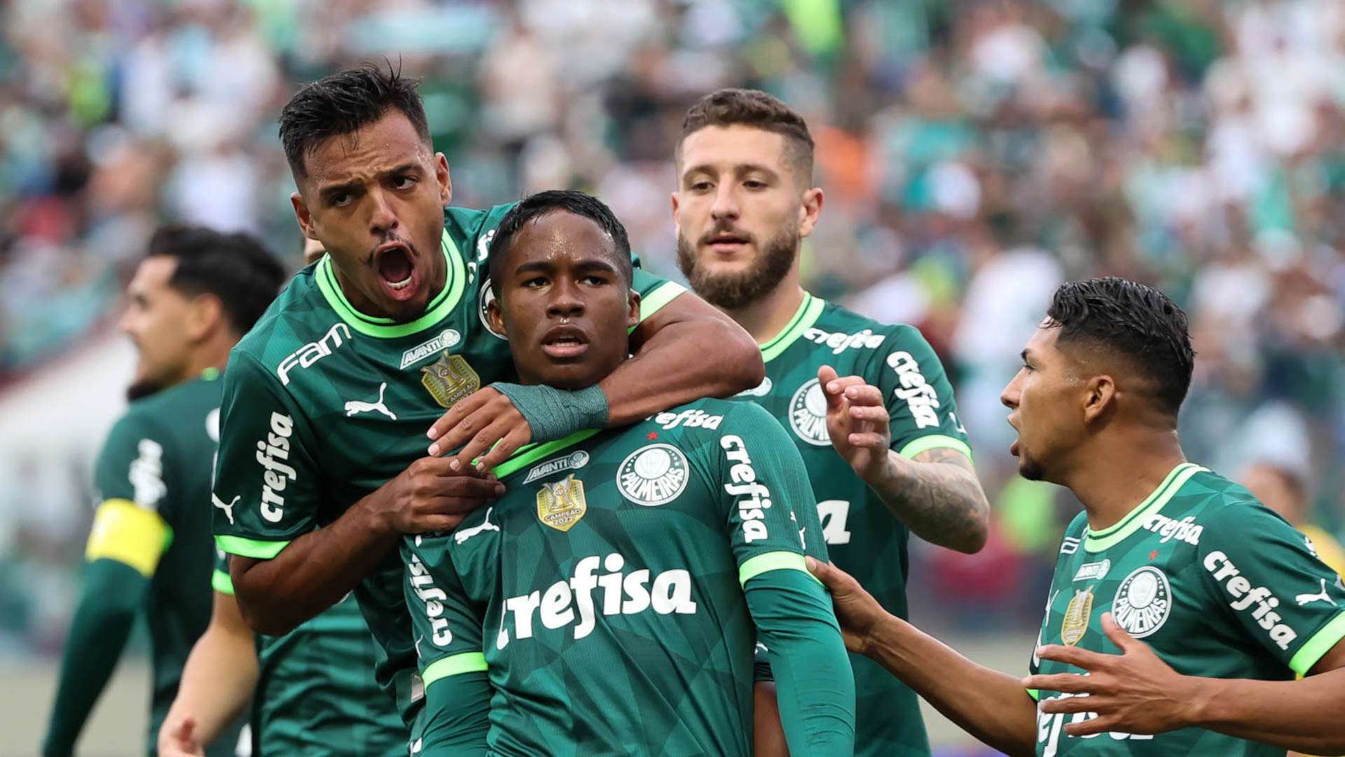Endrick comemora seu gol em Água Santa x Palmeiras, na final do Paulistão 2023