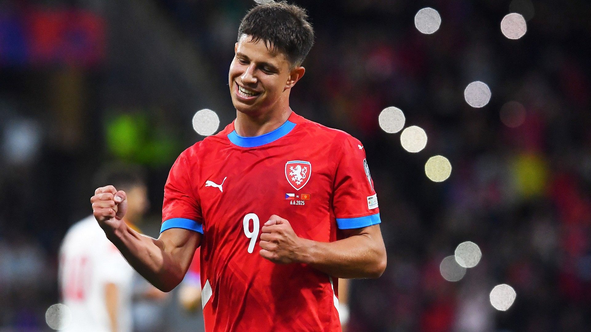 Czech Republic's forward #09 Adam Hlozek celebrates scoring 