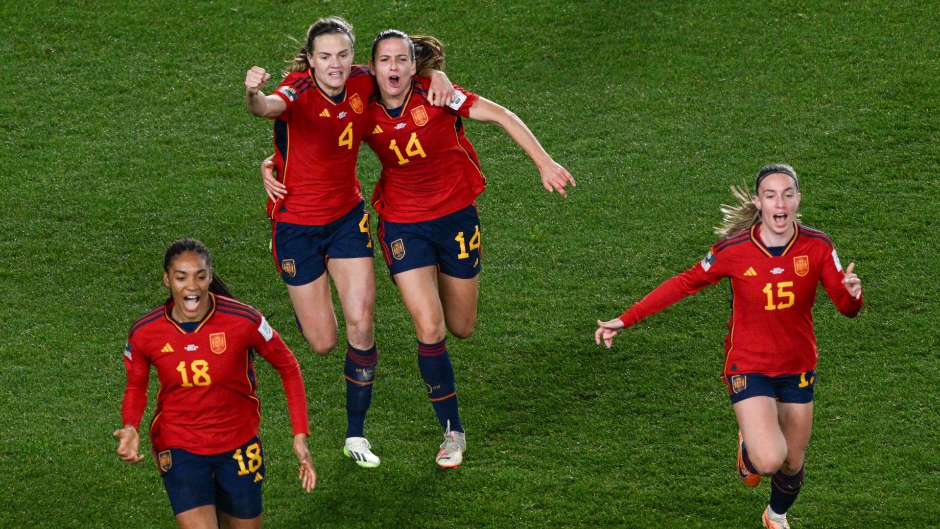 Spain celebrating Olga Carmona goal against Sweden Women's World Cup