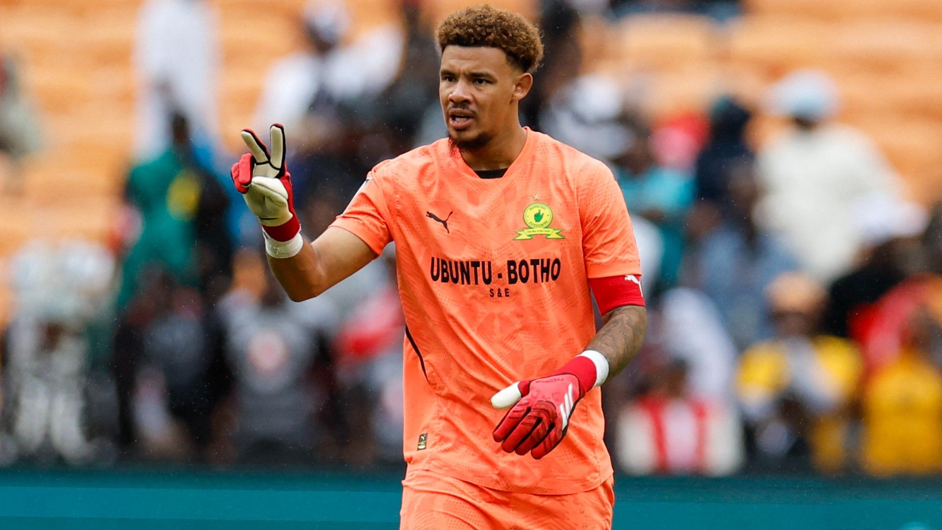  Sundowns' South African goalkeeper #30 Rowen Williams reacts 