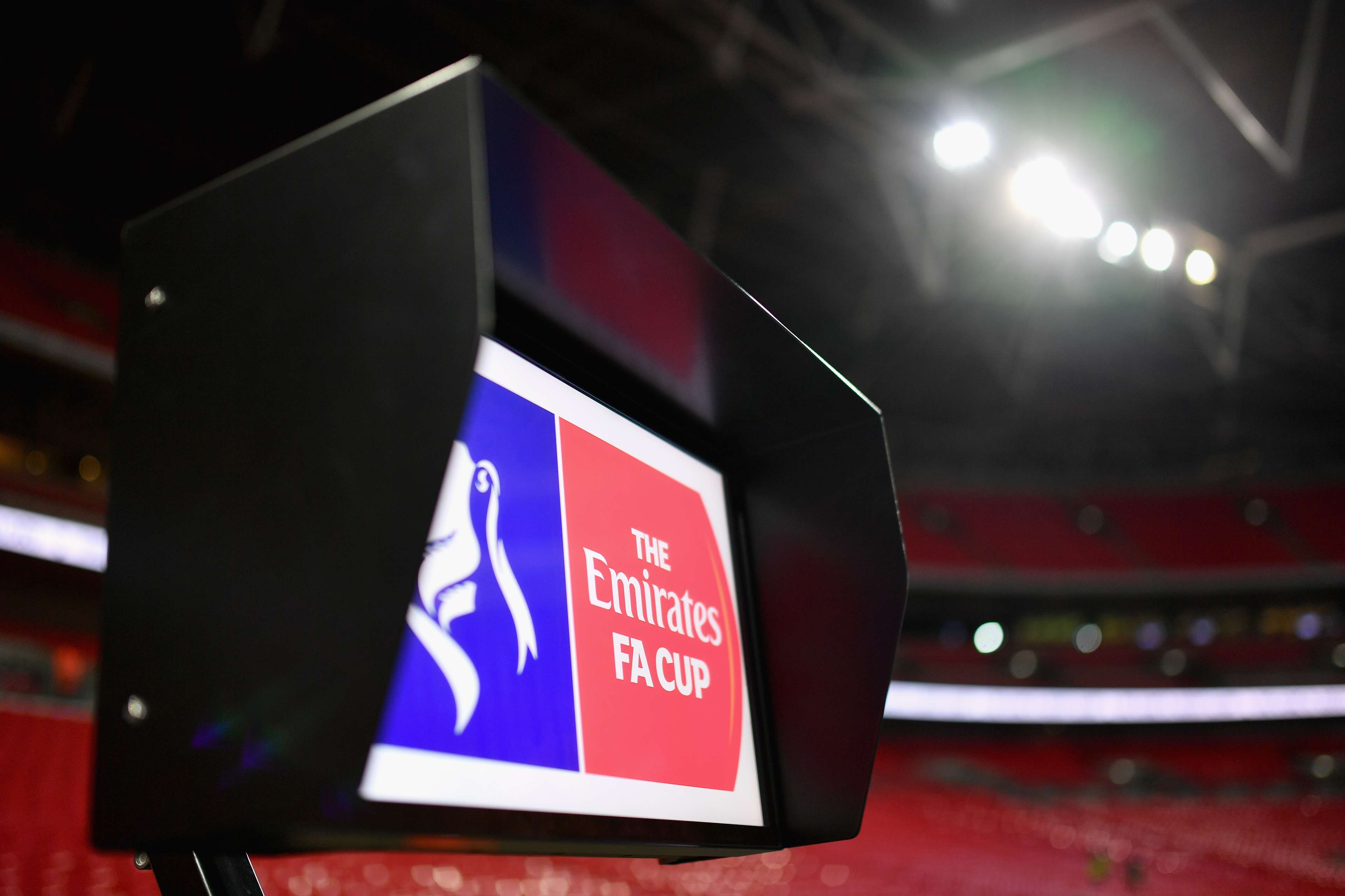 The VAR screen is seen pitchside prior to The Emirates FA Cup 2019