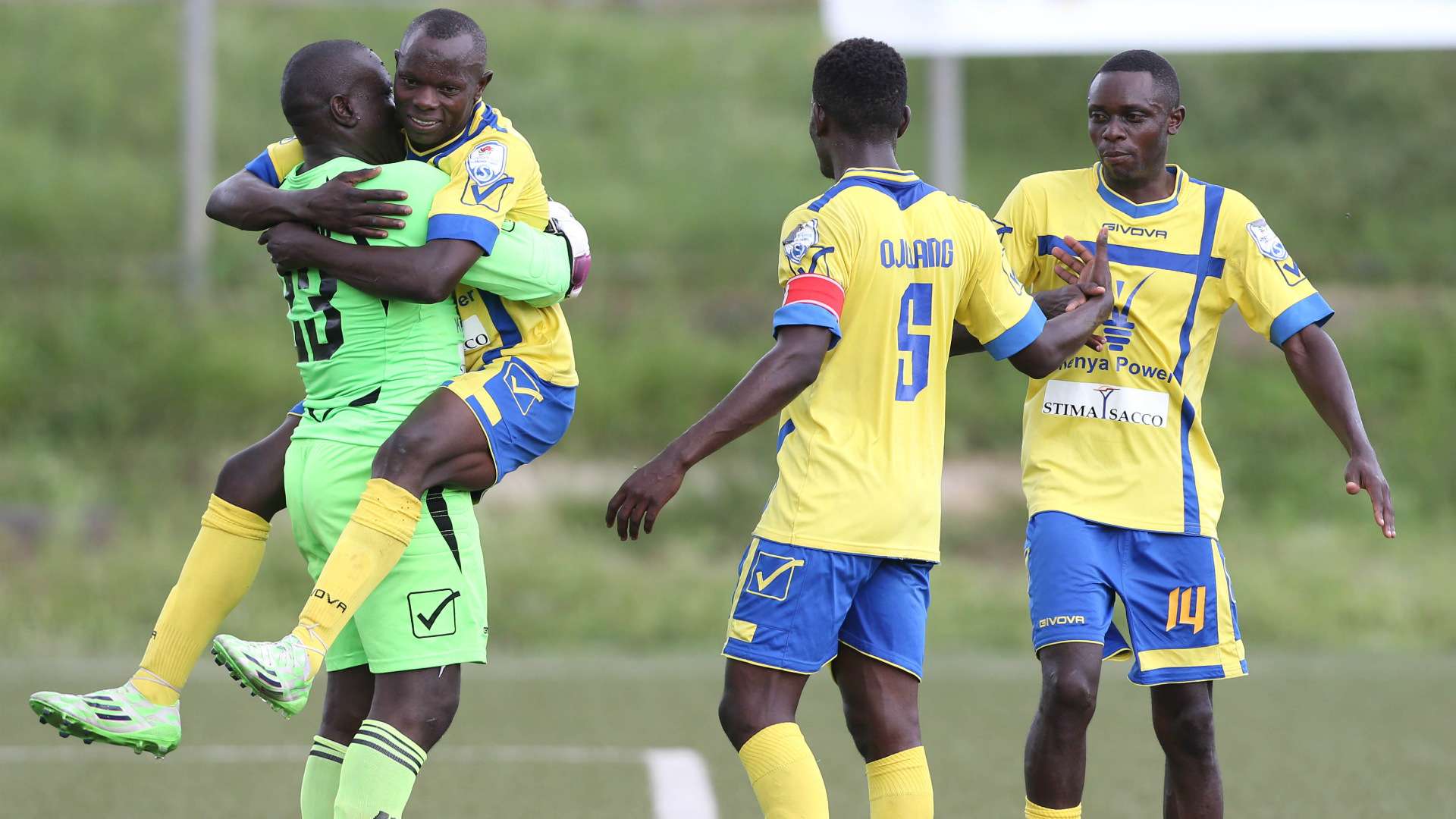 Western Stima players celebrate the win against Mathare United.