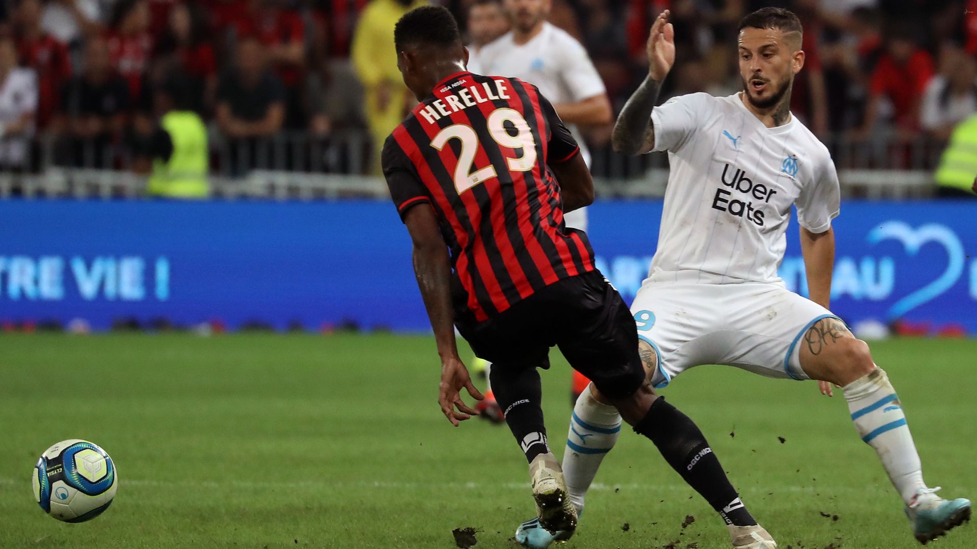 Christophe Hérelle (Nice) et Dario Benedetto (Marseille), OGCN-OM (1-2), 3ème journée de Ligue 1, le 28 août 2019