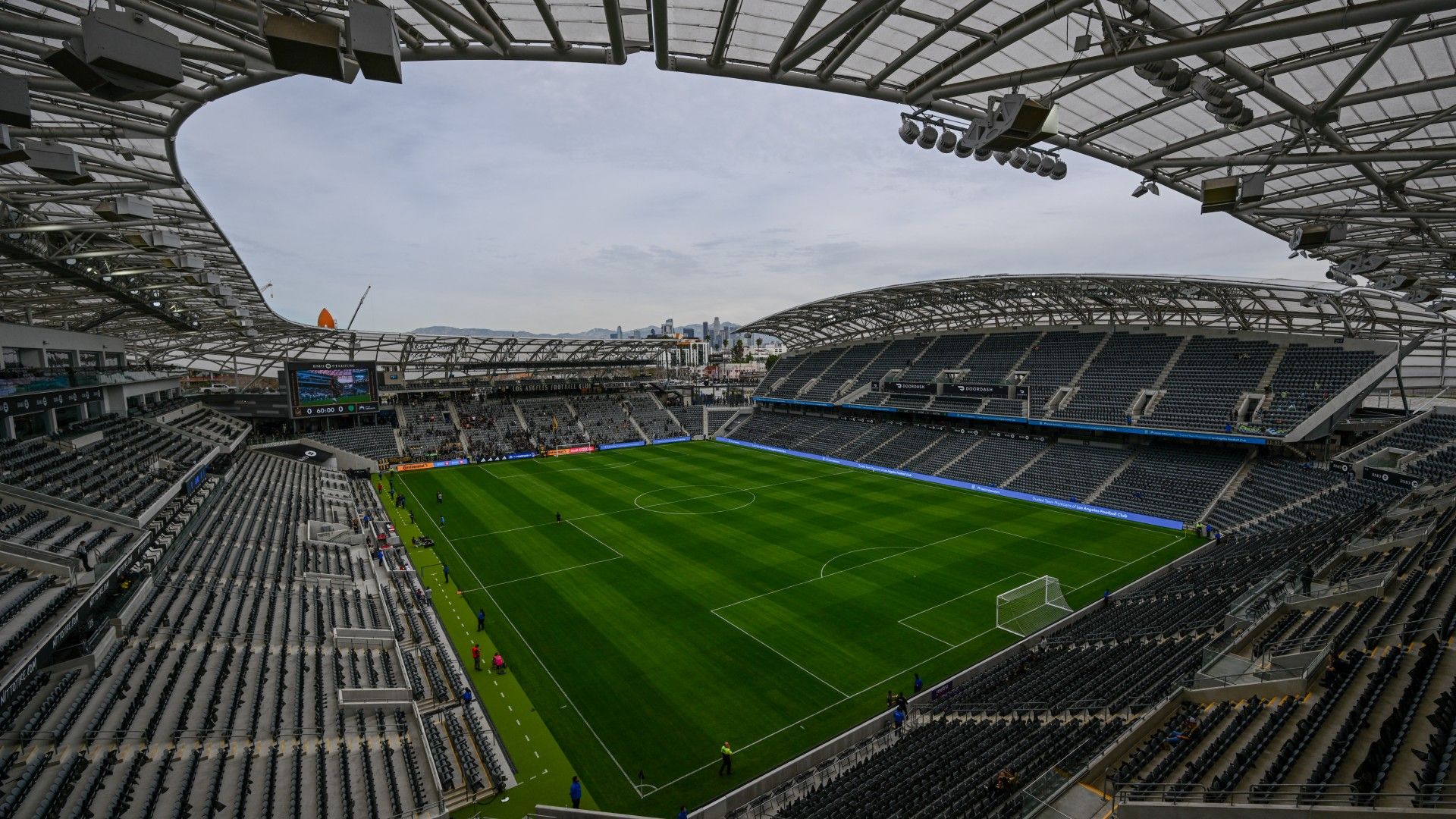  The downtown Los Angeles skyline stands on the horizon before the the Los Angeles FC game against the Seattle Sounders FC at BMO Stadium