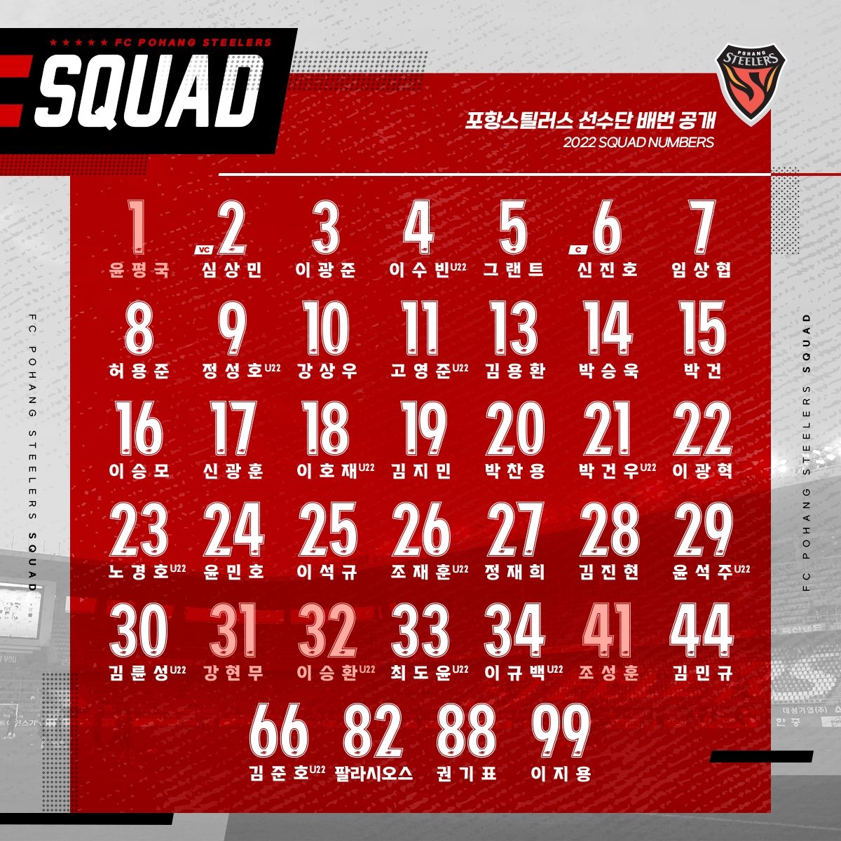 포항 2022시즌 등번호
