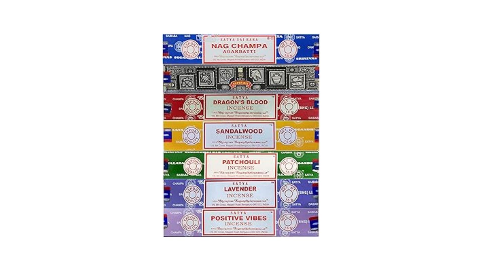 ساتيا مجموعة هدايا بخور ناج تشامبا سوبر هيت ودماء التنين وخشب الصندل والباتشولي واللافندر والمشاعر الإيجابية، 15 غرام