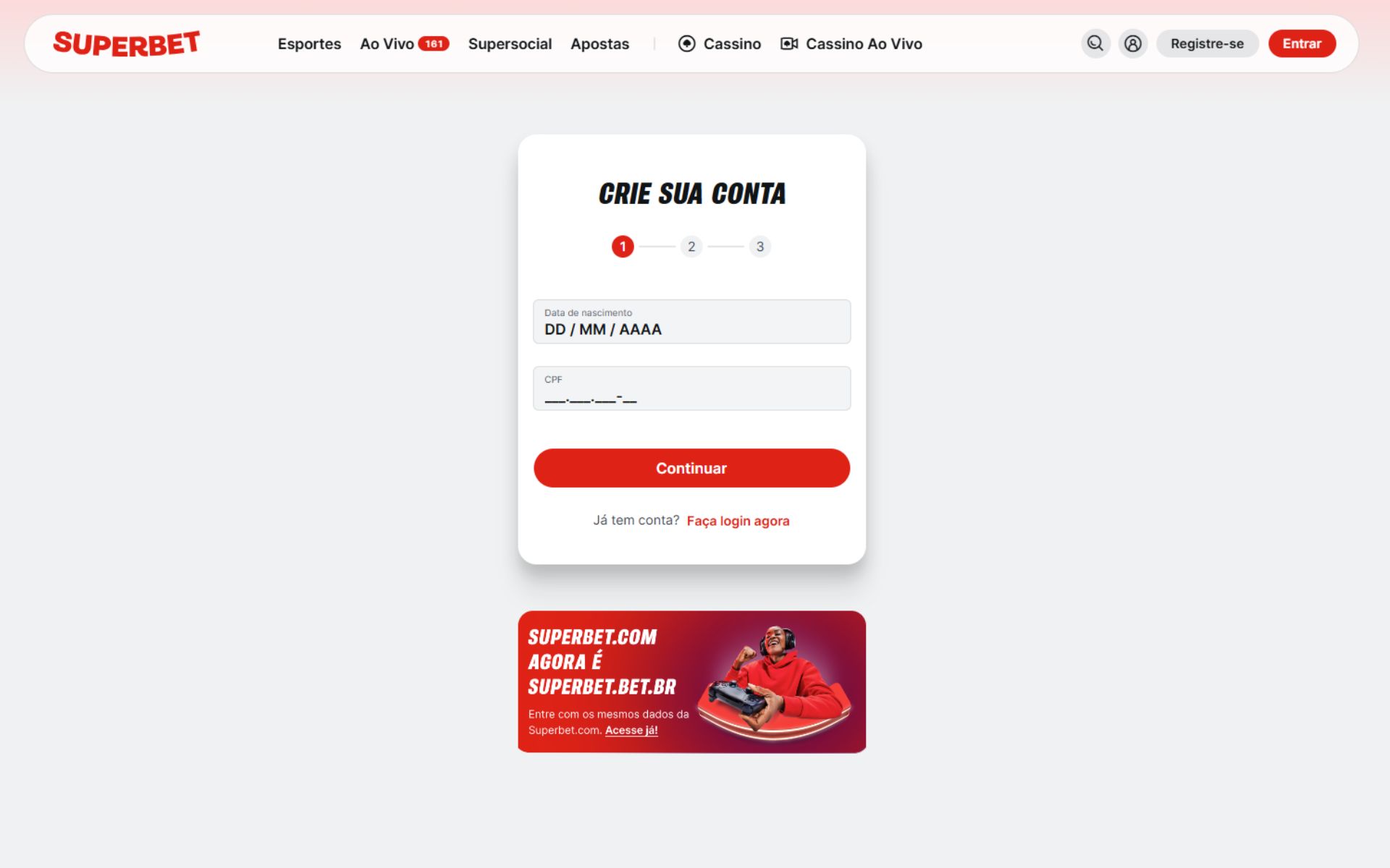 Ekran formularza rejestracyjnego w Superbet-kasinonie z polami do wypełnienia
