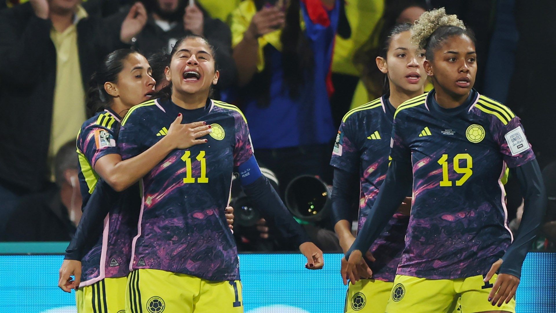 Colombia celebrating Catalina Usme goal Women's World Cup