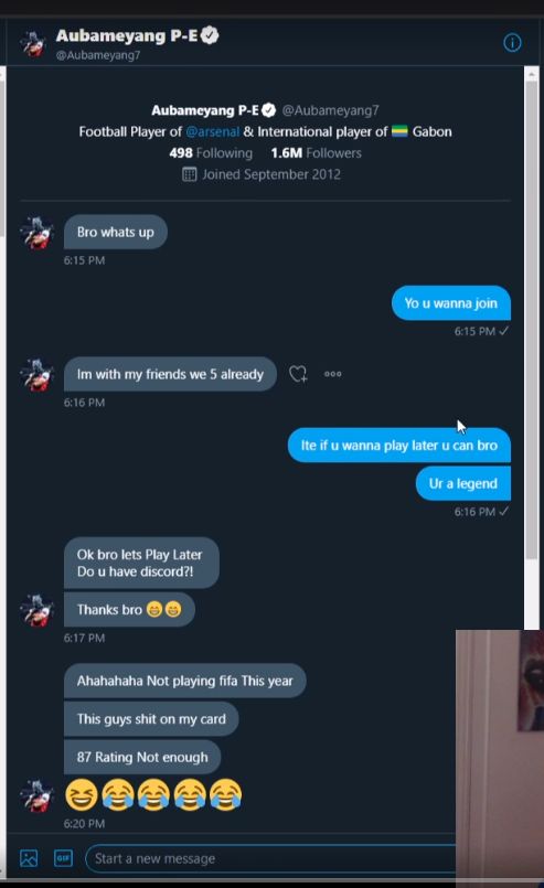 Aubameyang Twitter DM FIFA 21