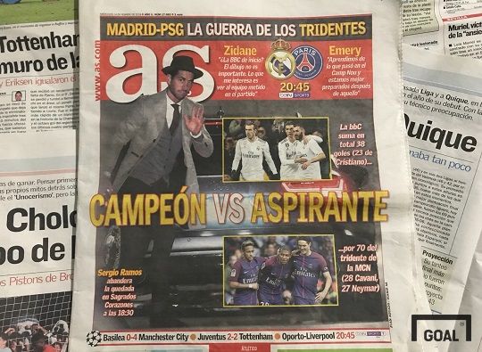 (현지시간 14일, 스페인 스포츠 신문 '아스' 1면을 장식한 레알의 BBC라인과 PSG의 MSN라인, 챔피언과 도전자의 대결로 설명하고 있다. 사진=골닷컴 이하영 에디터)