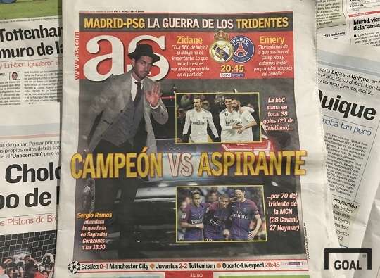 (현지시간 14일, 스페인 스포츠 신문 '아스' 1면을 장식한 레알의 BBC라인과 PSG의 MSN라인, 챔피언과 도전자의 대결로 설명하고 있다. 사진=골닷컴 이하영 에디터)