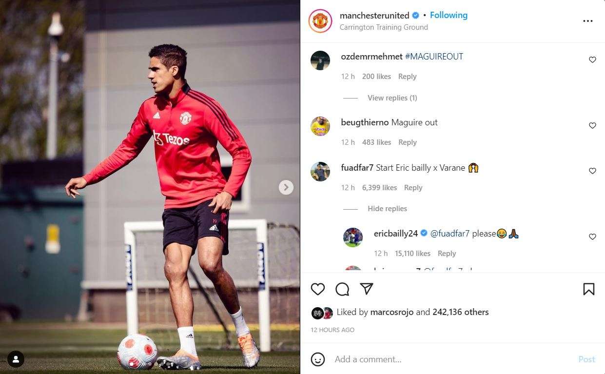 Eric Bailly Instagram comment