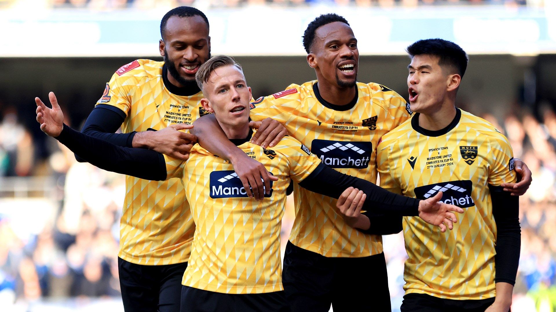 Maidstone United celebrating against Ipswich FA Cup 2023-24