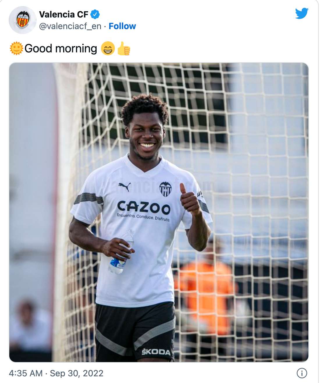 Yunush Musah training Valencia tweet