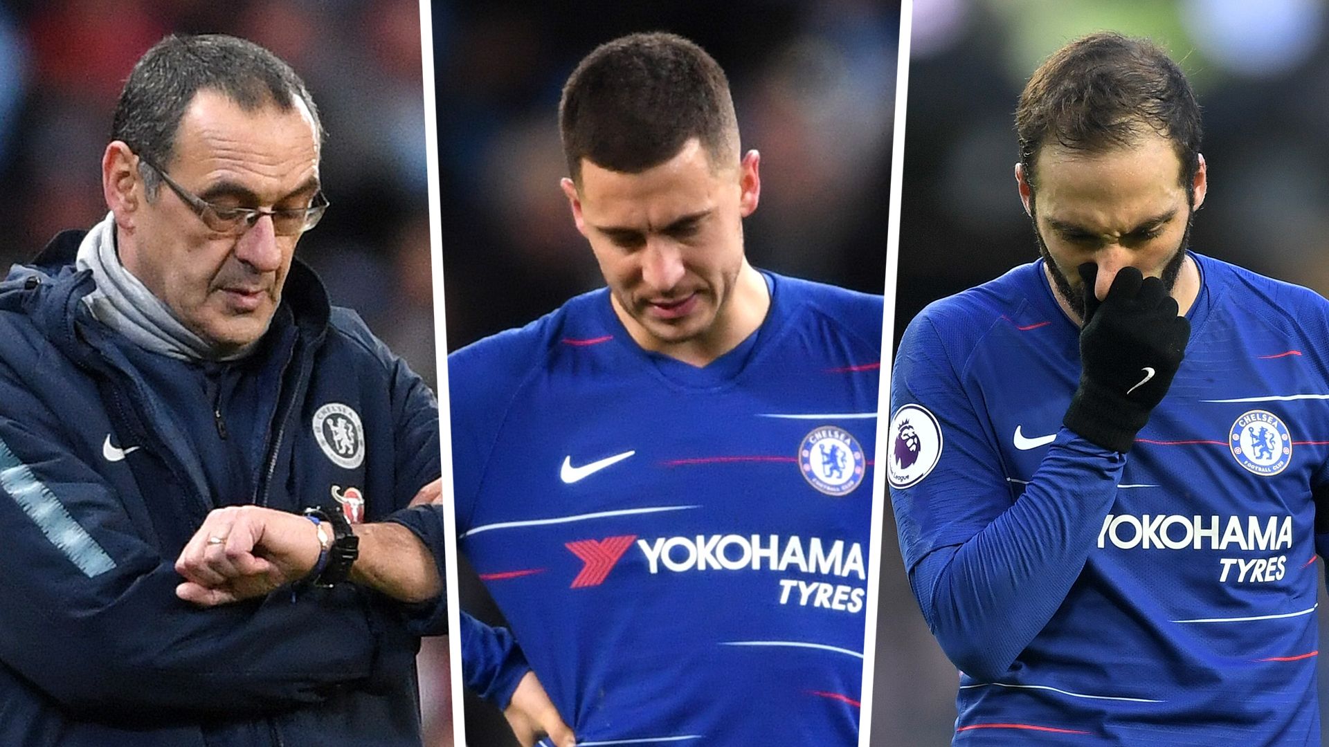 Maurizio Sarri, Eden Hazard, Gonzalo Higuain, Chelsea