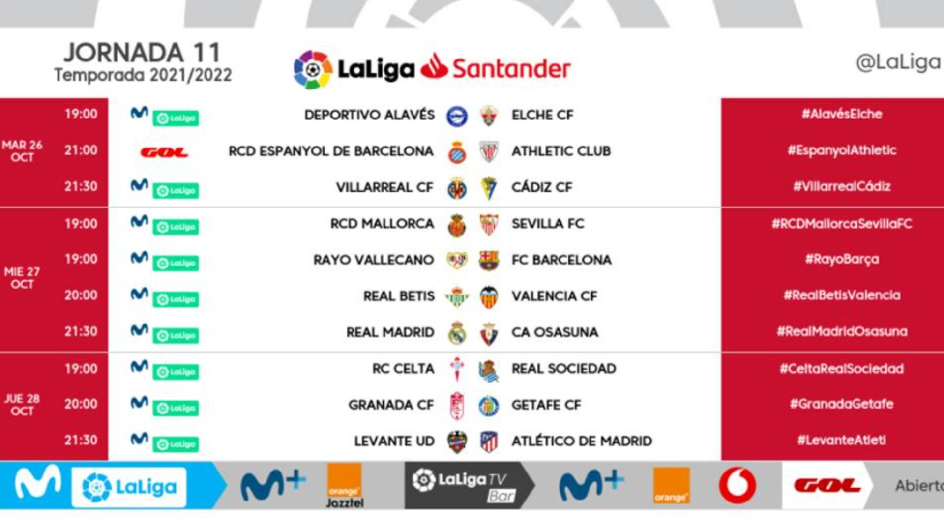 Horarios Jornada 11 Liga