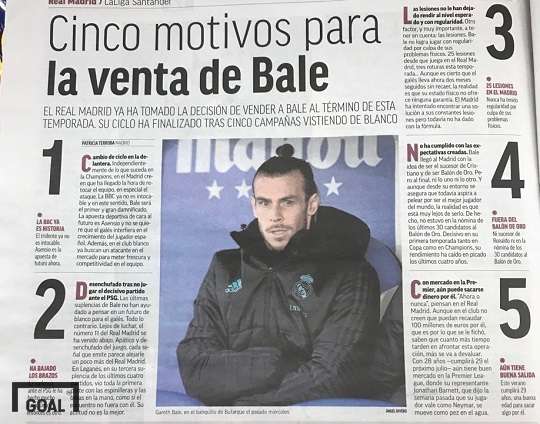 23일(현지시간) 스페인 신문 마르카에 보도된 '베일을 팔아야하는 5가지 이유'. 사진=골닷컴 이하영 에디터