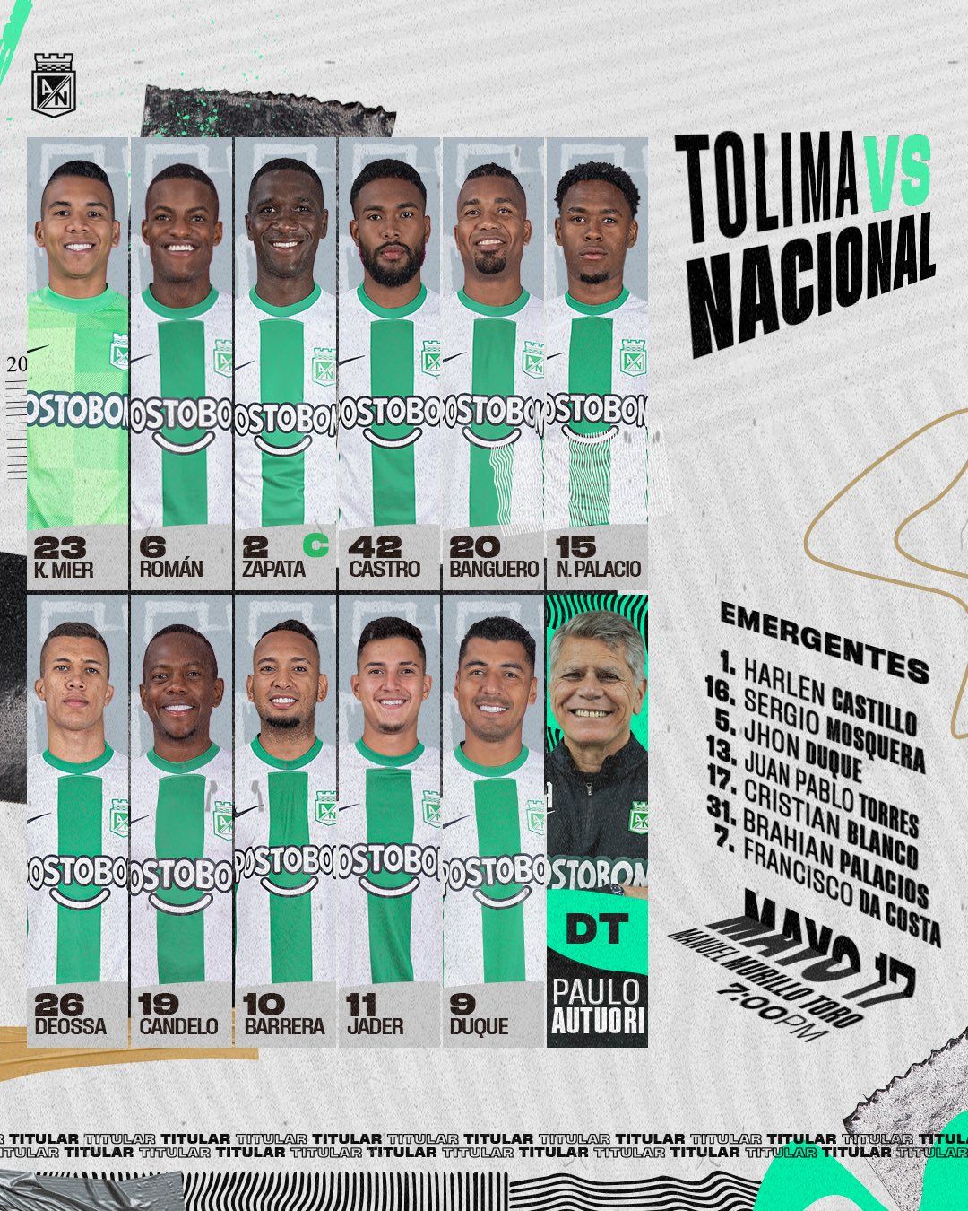 Nómina Atlético Nacional Fecha 20 Liga BetPlay 2023