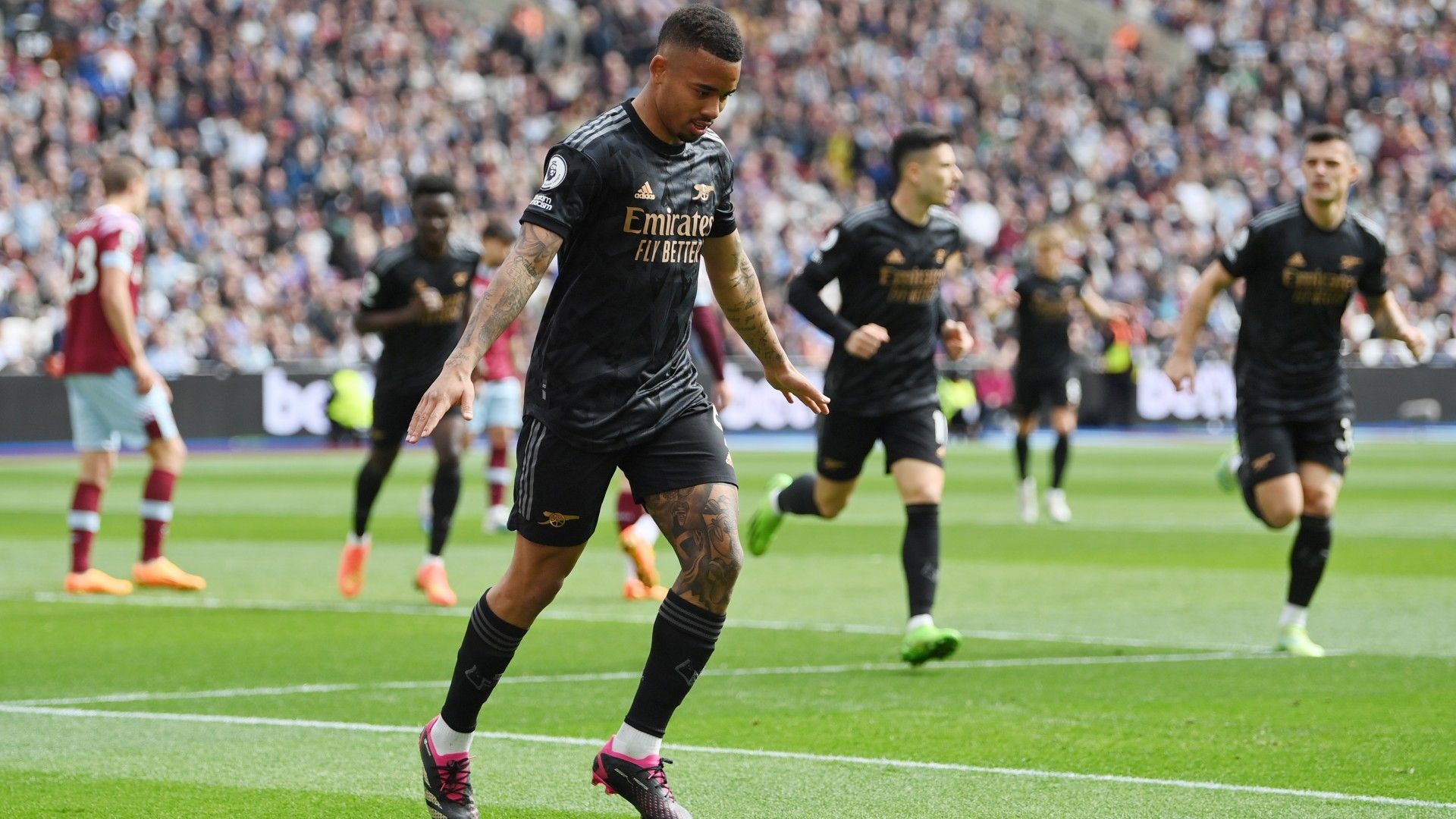 Gabriel Jesus celebrates scoring for Arsenal against West Ham