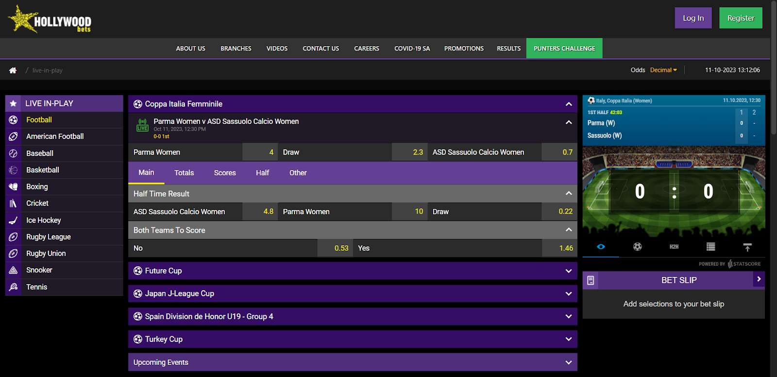 hollywoodbets live betting feature screenshot