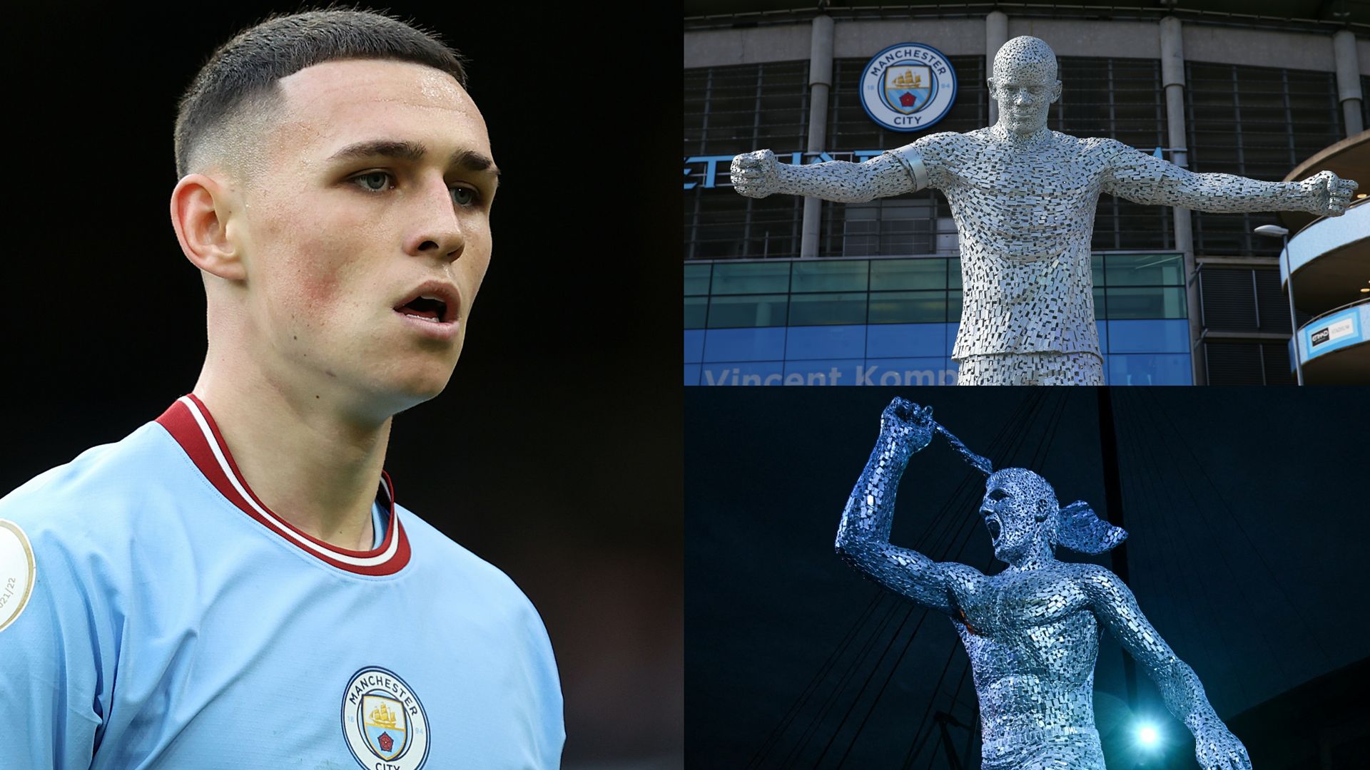 Phil Foden Vincent Kompany Sergio Aguero Manchester City statues