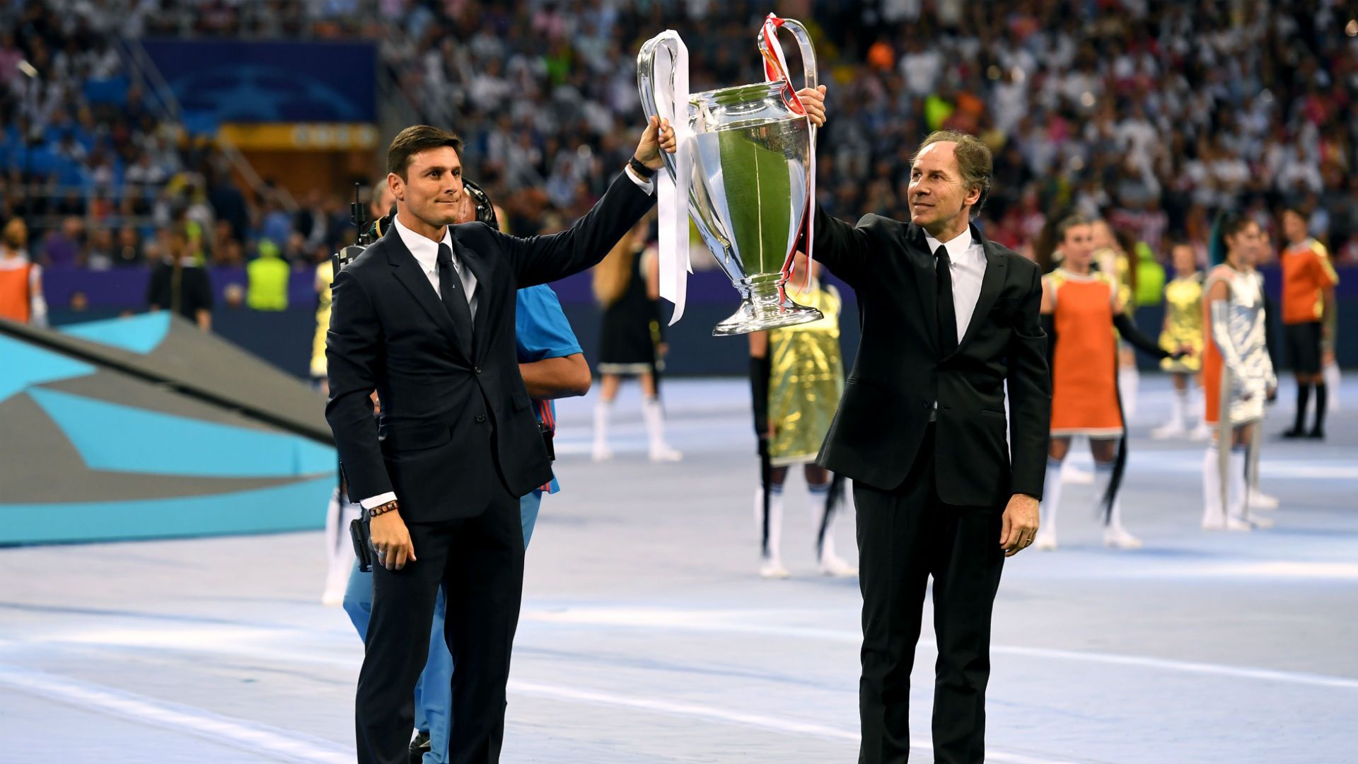 Javier Zanetti - Franco Baresi hold the UEFA Champions League trophy 28052016