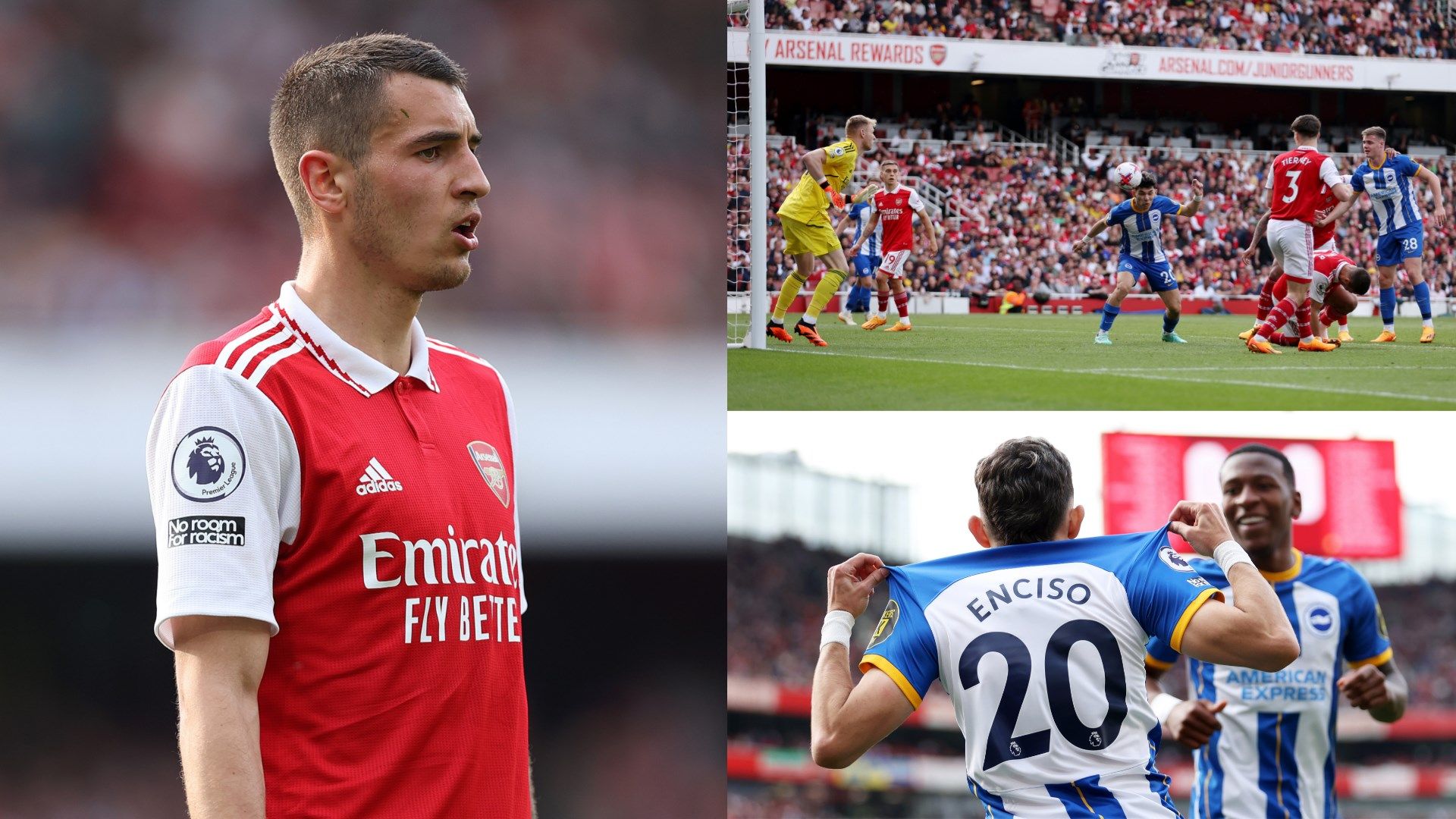 Jakub Kiwior Arsenal mistake vs Brighton Julio Enciso celebrate