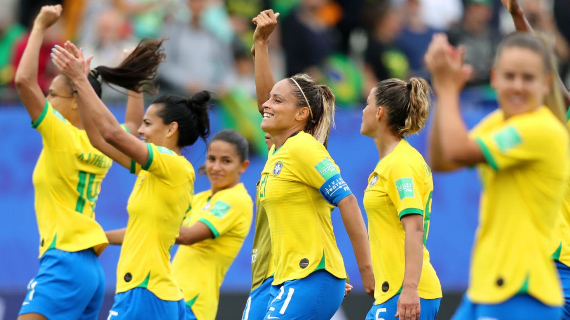 Jogadoras comemoram vitória Brasil Jamaica Copa do Mundo Feminina 11062019