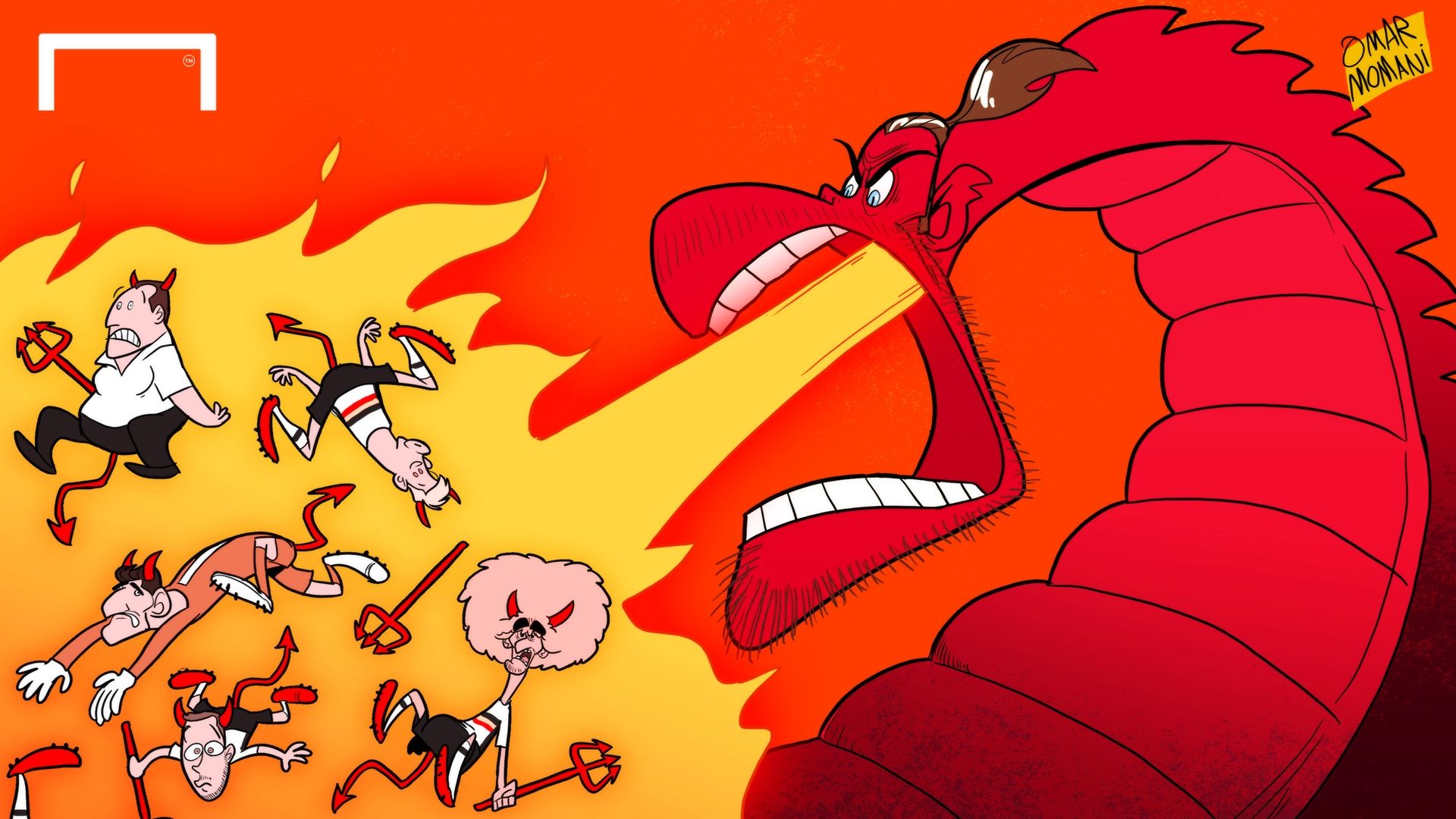 Cartoon - Dragon Bale breathes fire over devils of Belgium