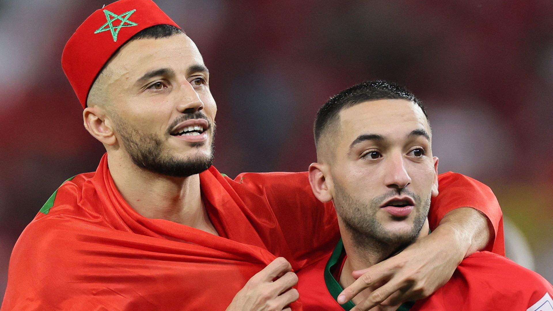 Romain Saiss and Hakim Ziyech of Morocco