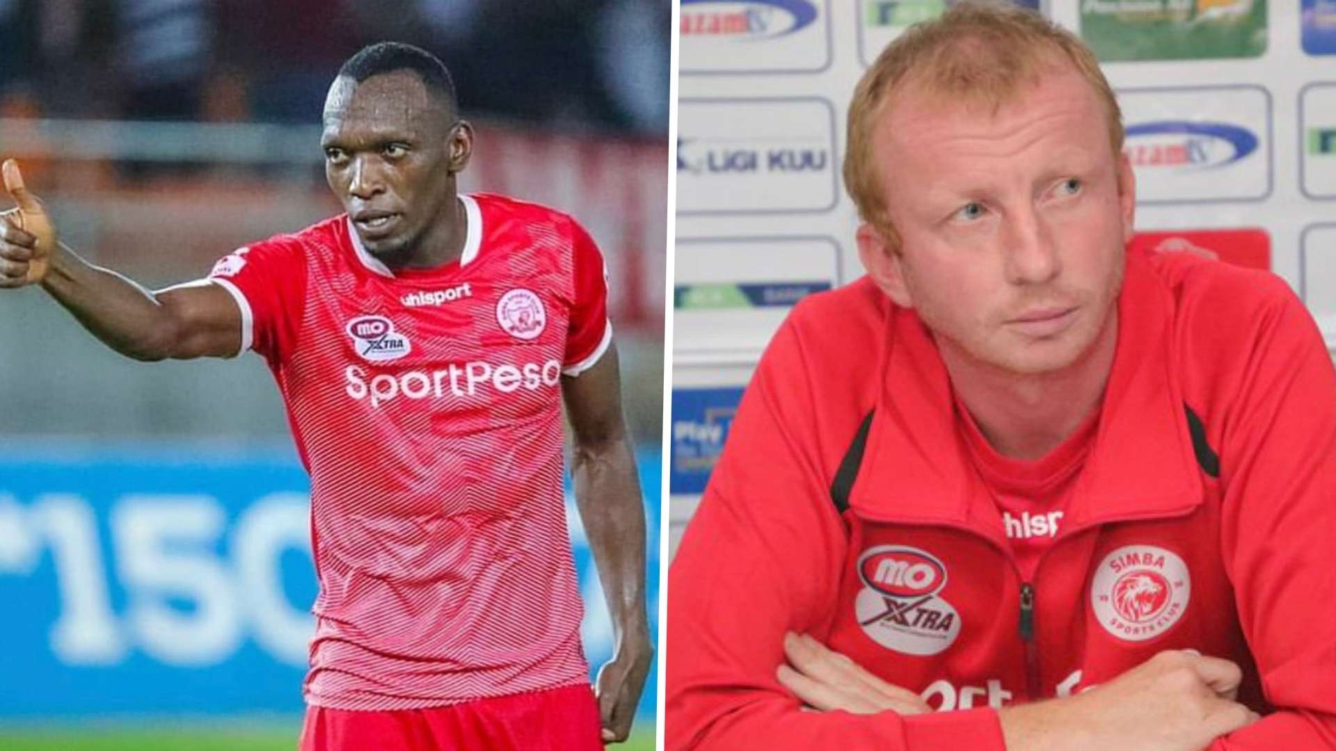 Simba SC coach Sven Vandenbroeck and Meddie Kagere.