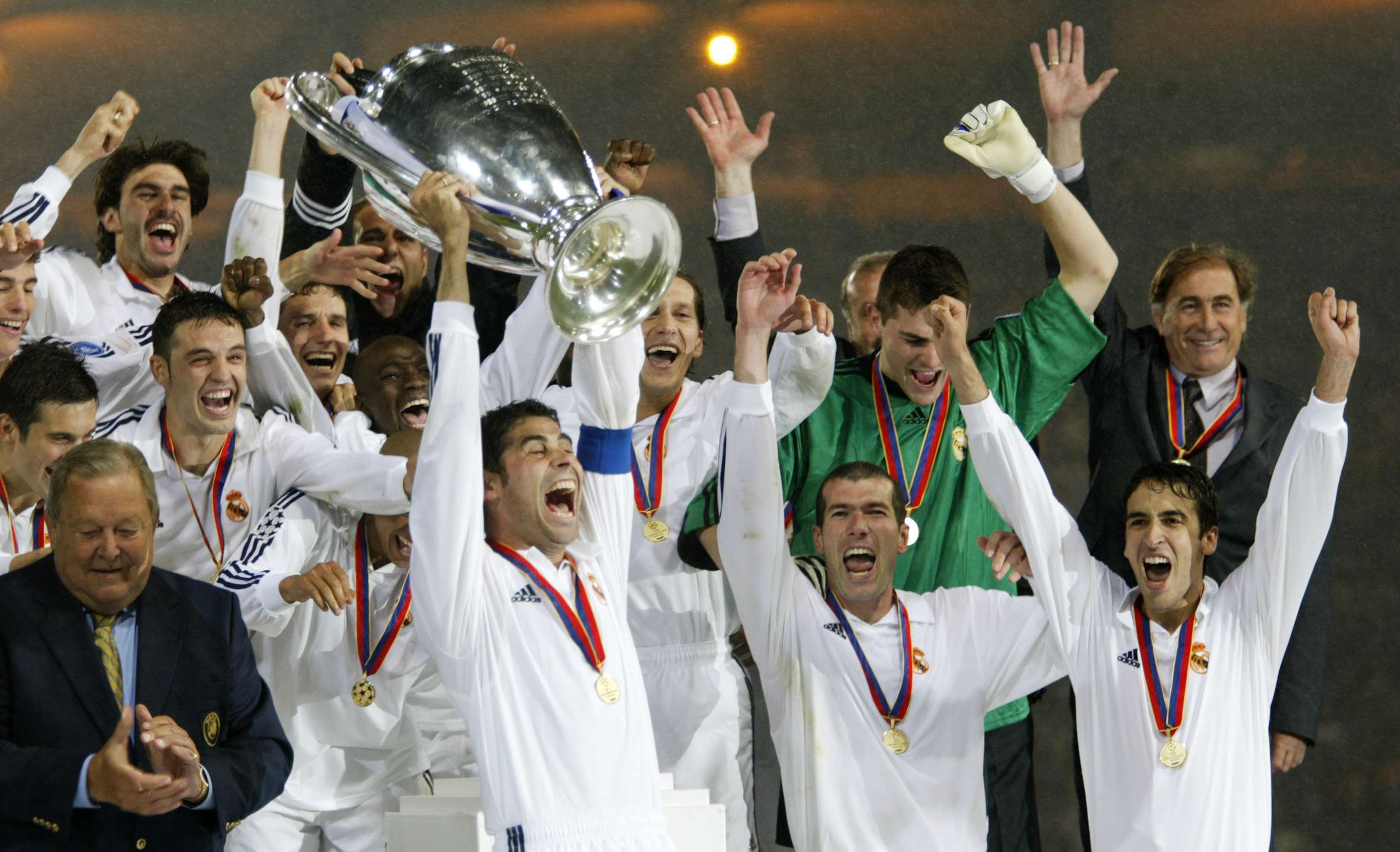 Real Madrid's Fernando Hierro lifts the UEFA Champions League trophy in 2002