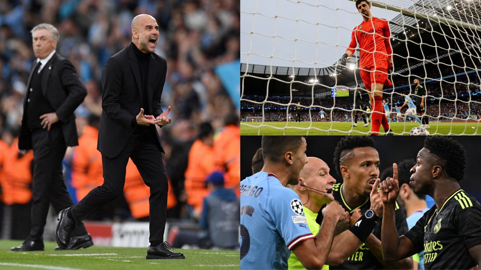 Pep Guardiola, Thibaut Courtois, Manchester City Vs Real Madrid Champions League 2022-23 GFX