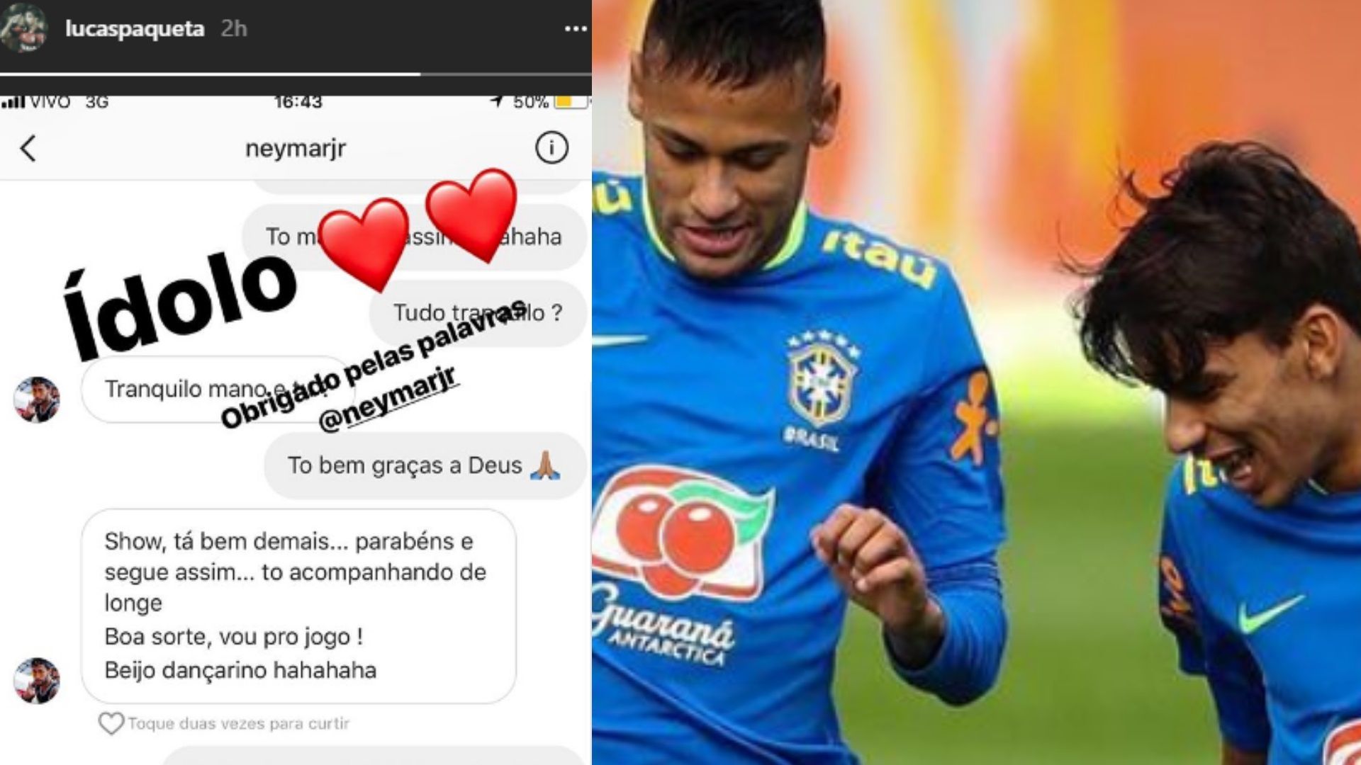 Neymar e Lucas Paquetá seleção brasileira 2016 treino post