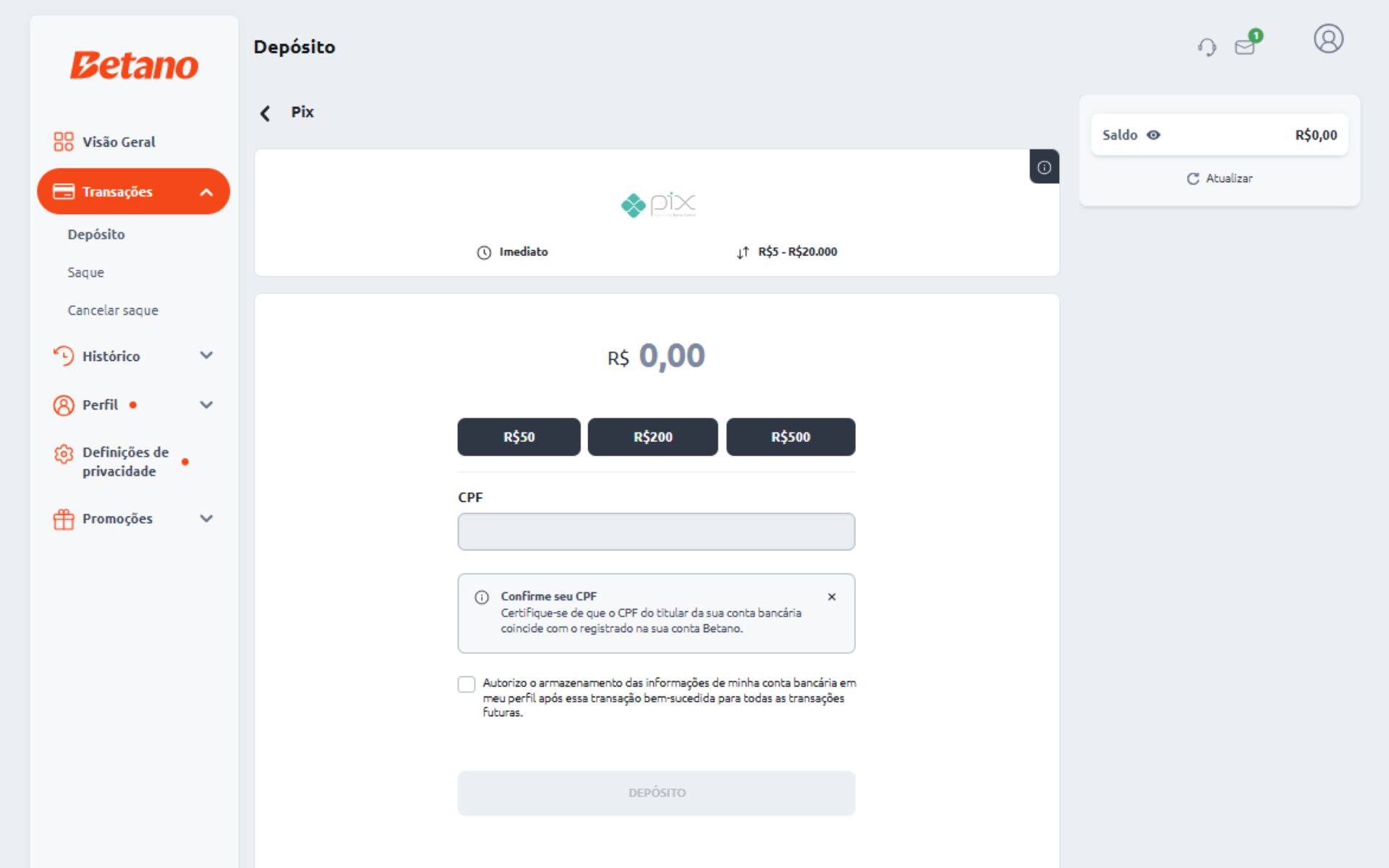 Betano Pix depósito