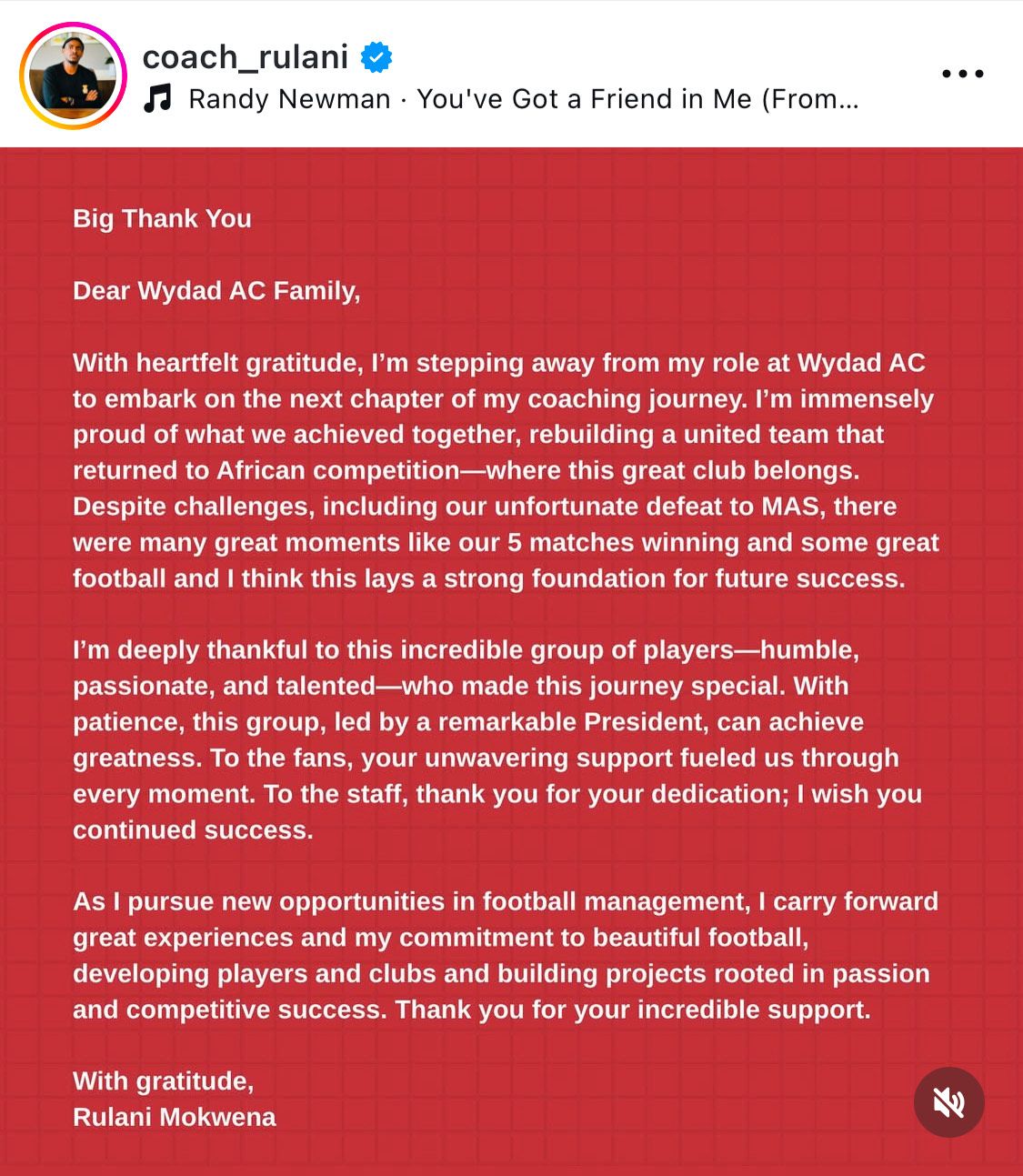 Rhulani Mokwena Wydad farewell post