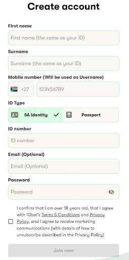 10bet registration form screenshot 1