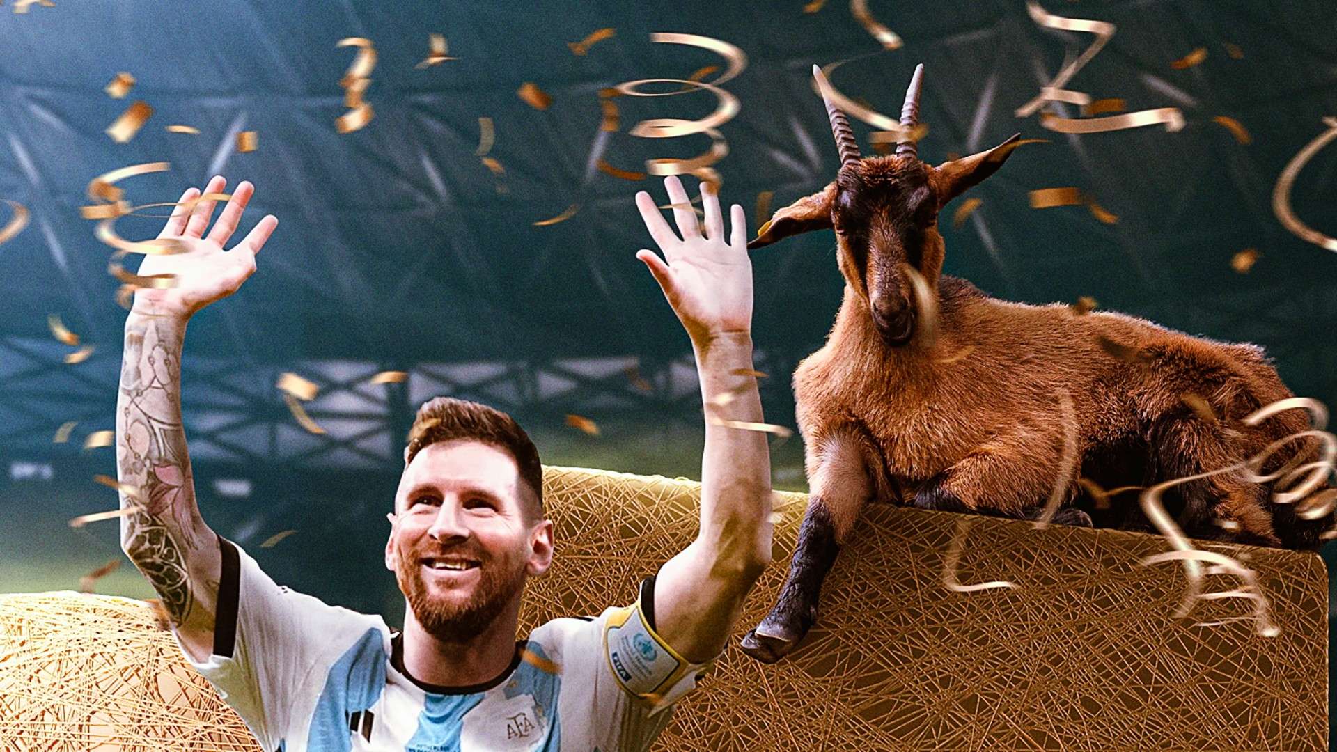 Lionel Messi in an Argentina jersey with a goat