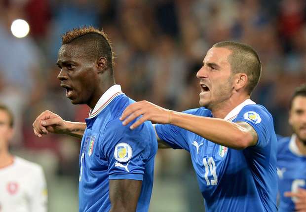 Mario Balotelli and Leonardo Bonucci celebrate for Italy v Czech Republic