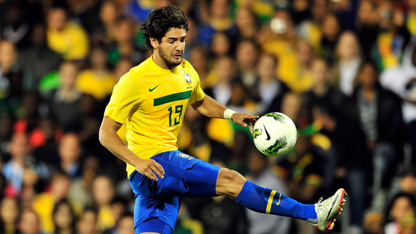 Brazil's striker Alexandre Pato kicks th