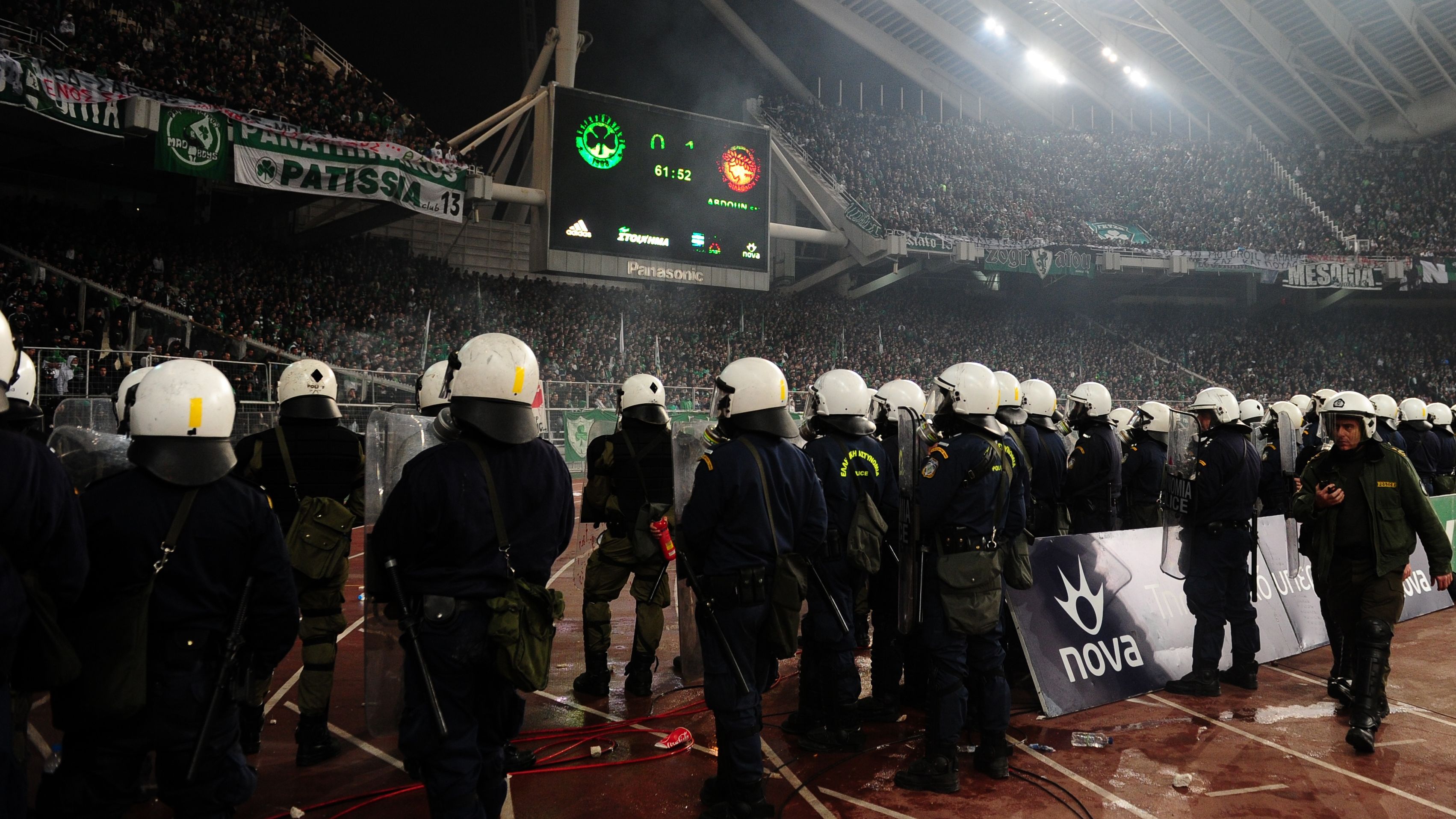 Greek riot police line up in front of Pa