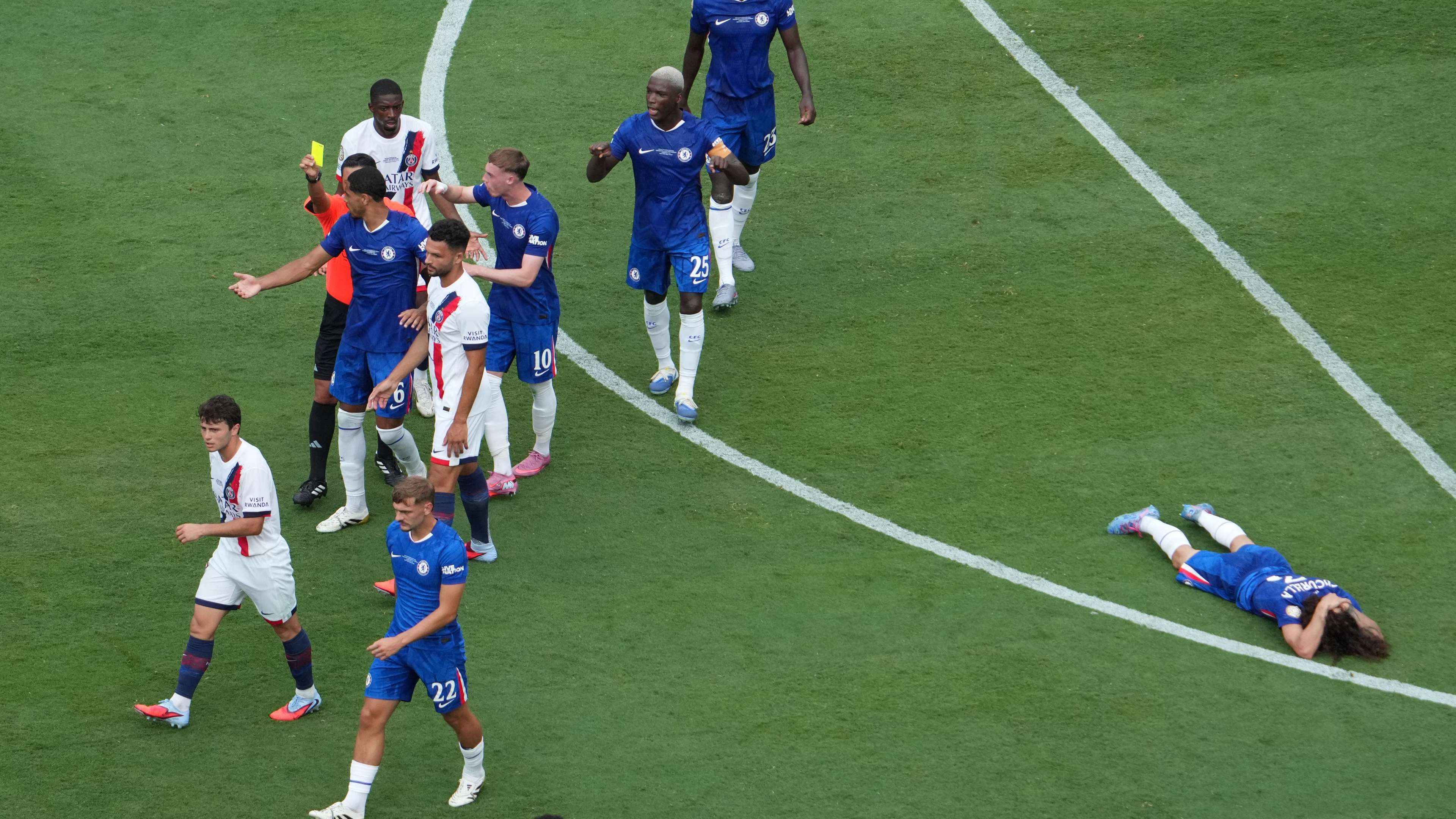 GettyImages-2224331244 Fans react as Marc Cucurella 'rage-baits' Joao Neves into red card for pulling his hair during the final stages of Chelsea's emphatic victory over PSG