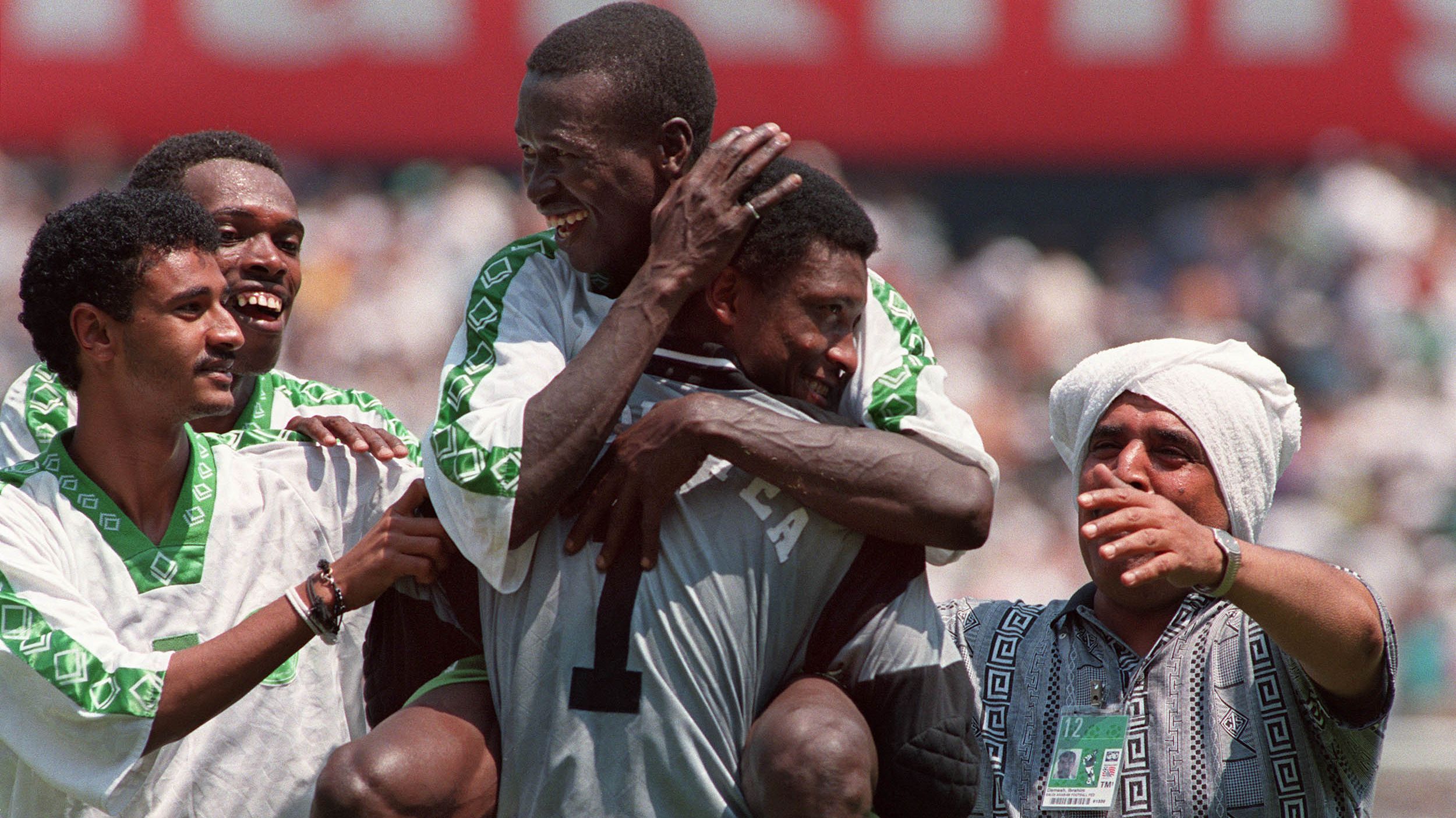 Members of Saudi Arabia's World Cup team congratul