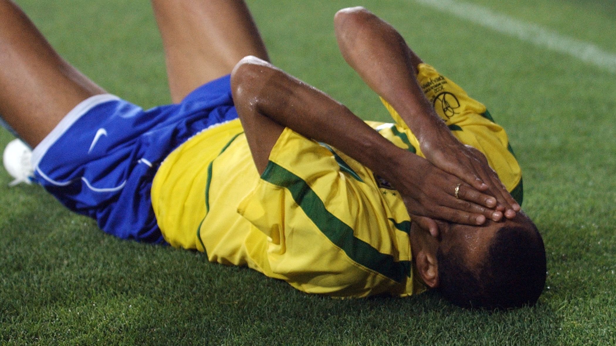 Brazil's Rivaldo reacts after a foul, 03 June 2002