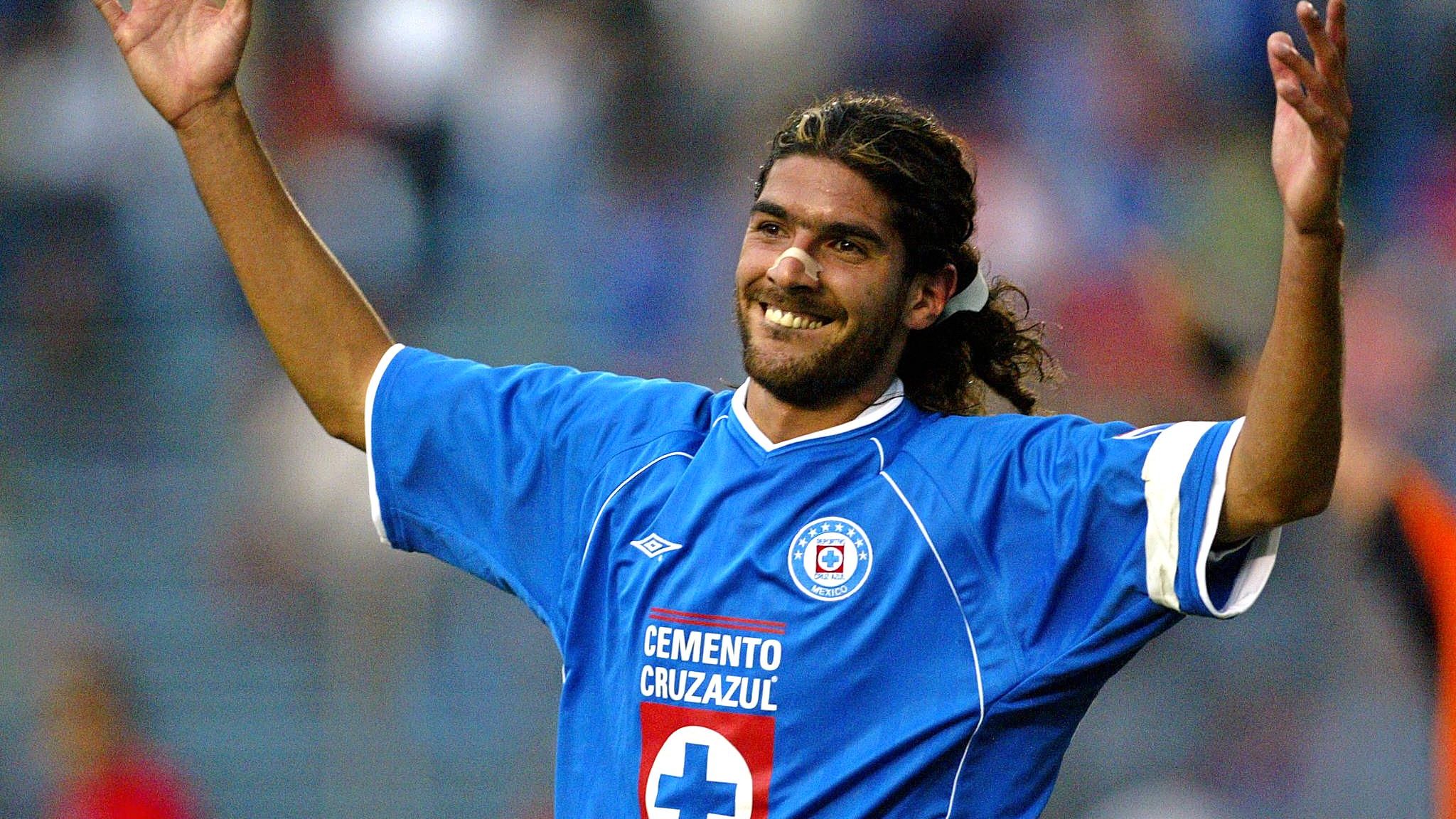 Sebastian Abreu of Cruz Azul, reacts after the ref