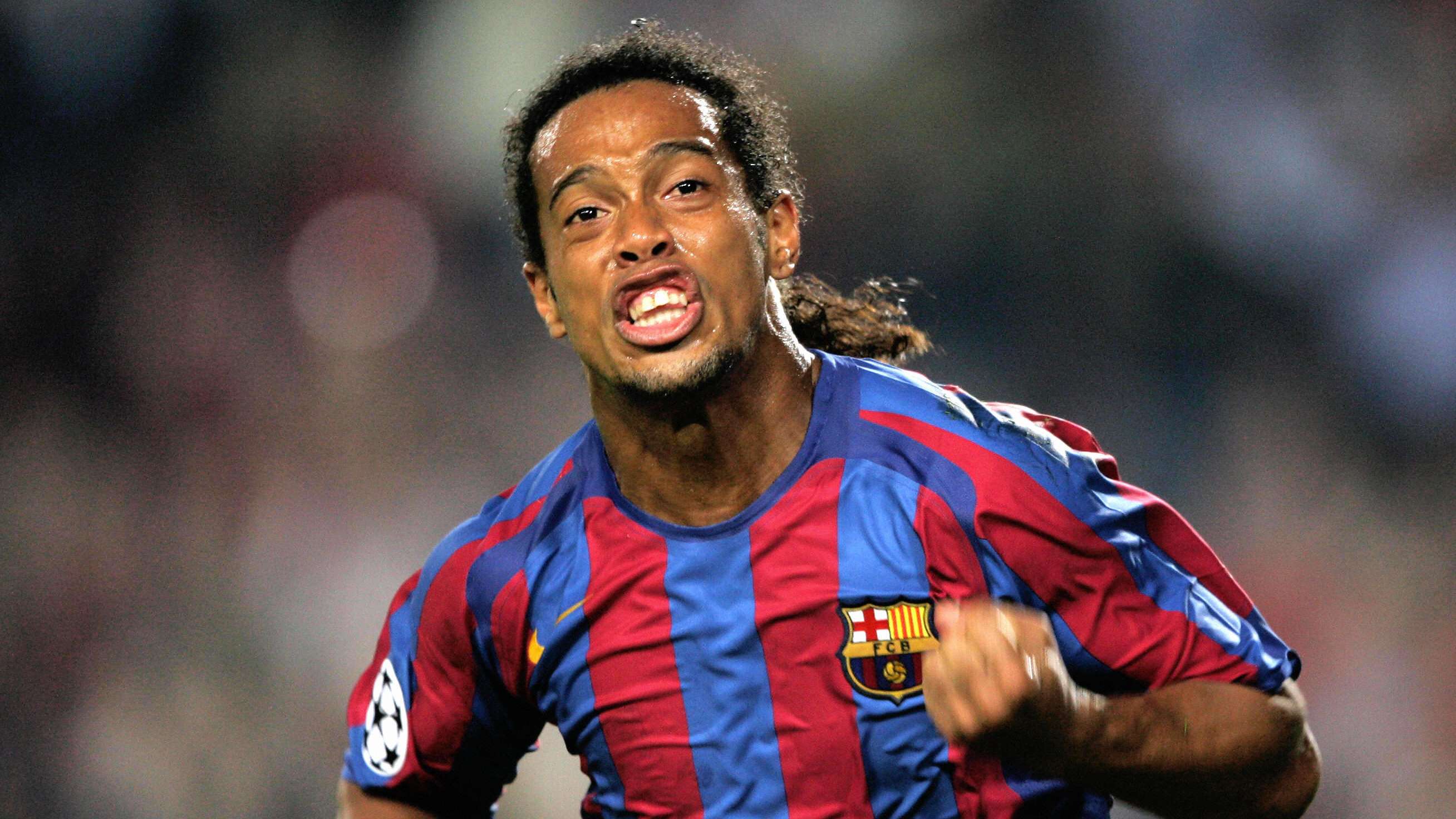 Barcelona's Ronaldinho celebrates after